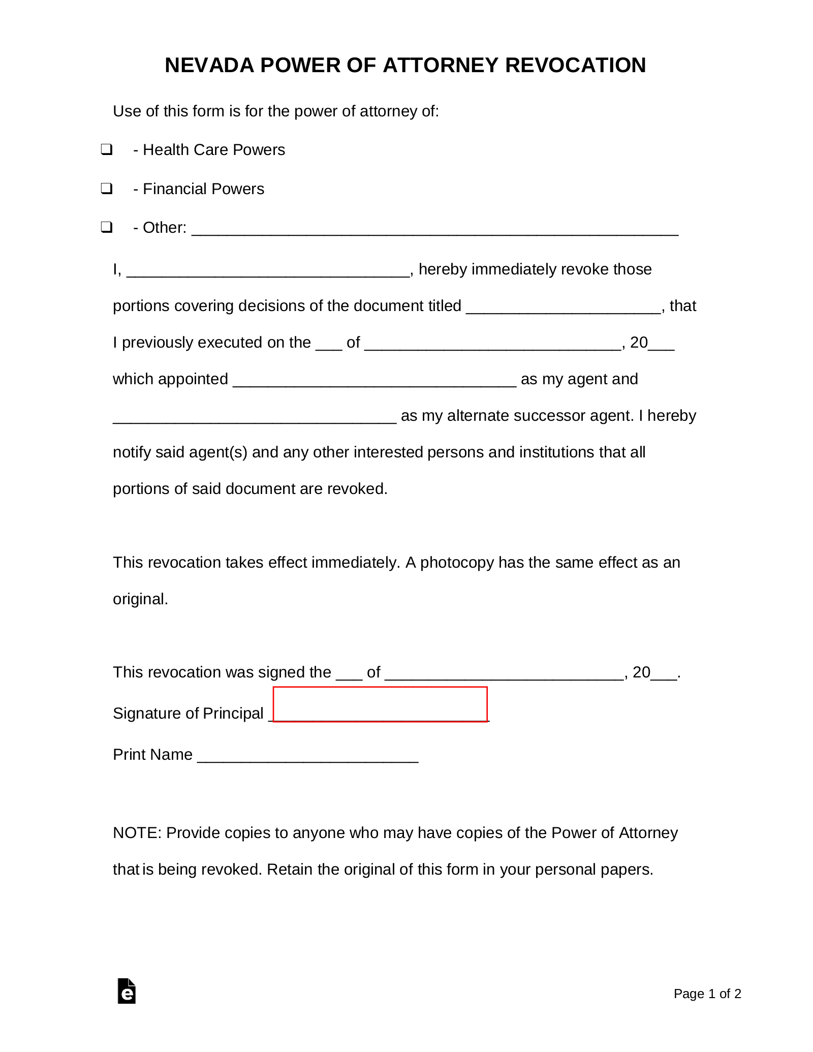 Nevada Revocation Power of Attorney Form