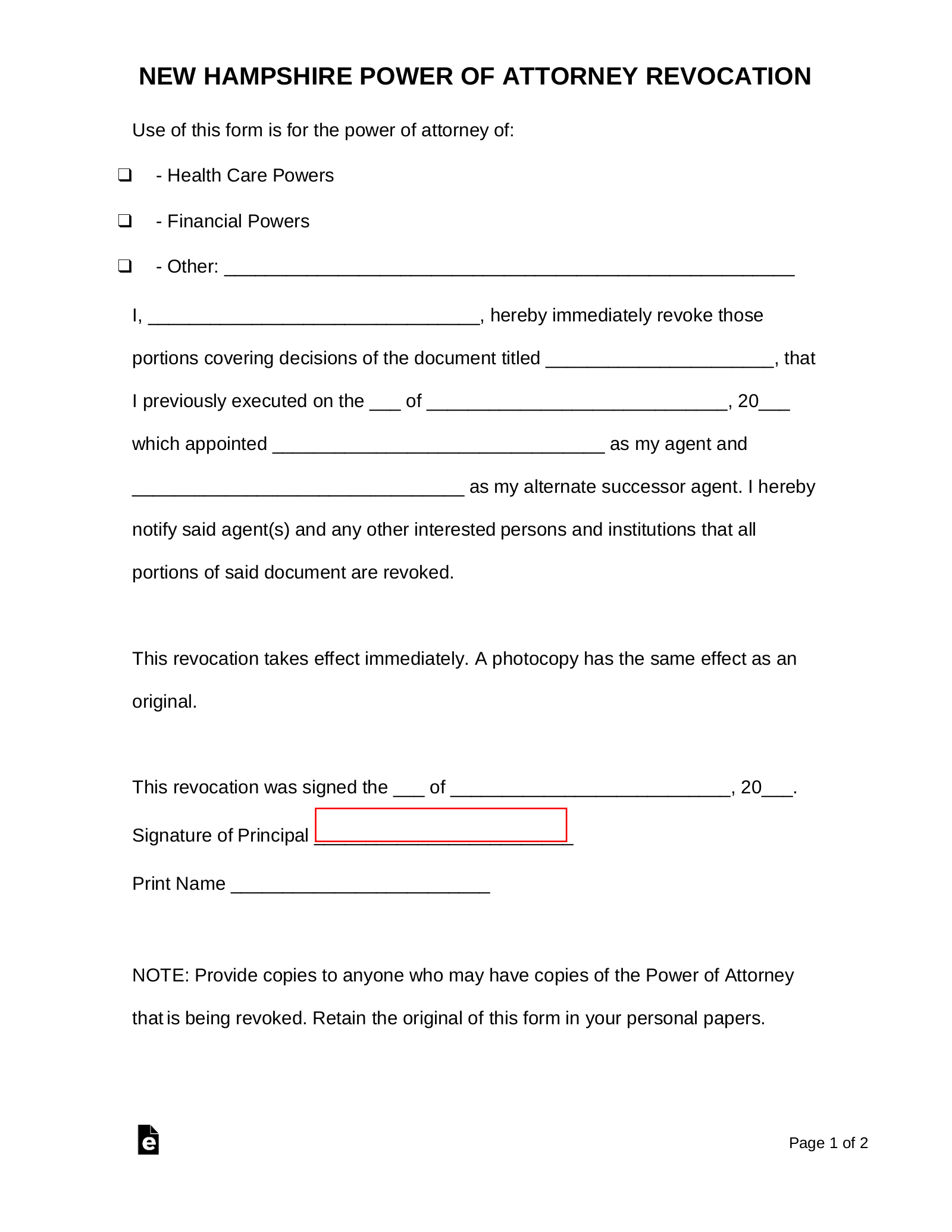 New Hampshire Revocation Power of Attorney Form