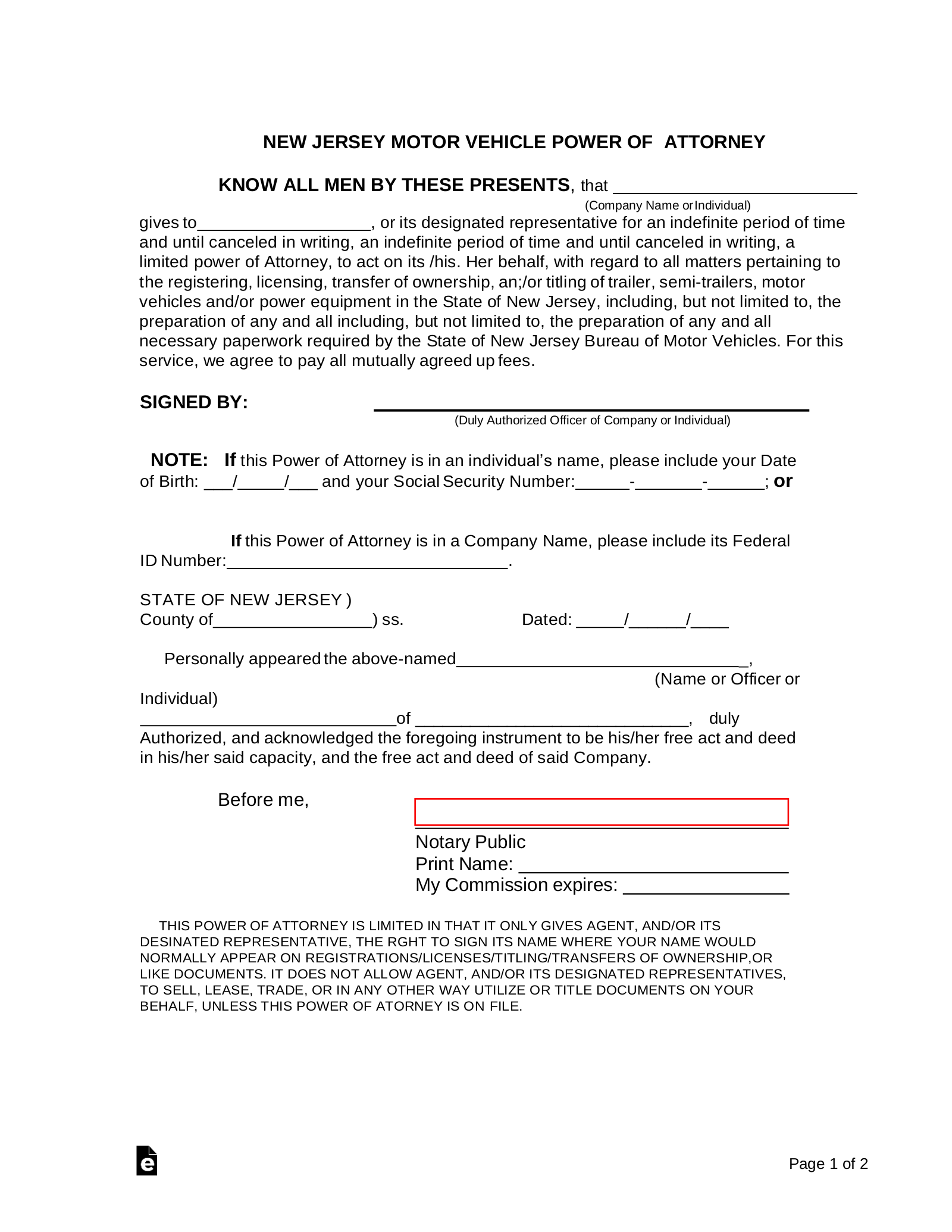 Free New Jersey Motor Vehicle Power of Attorney Form PDF