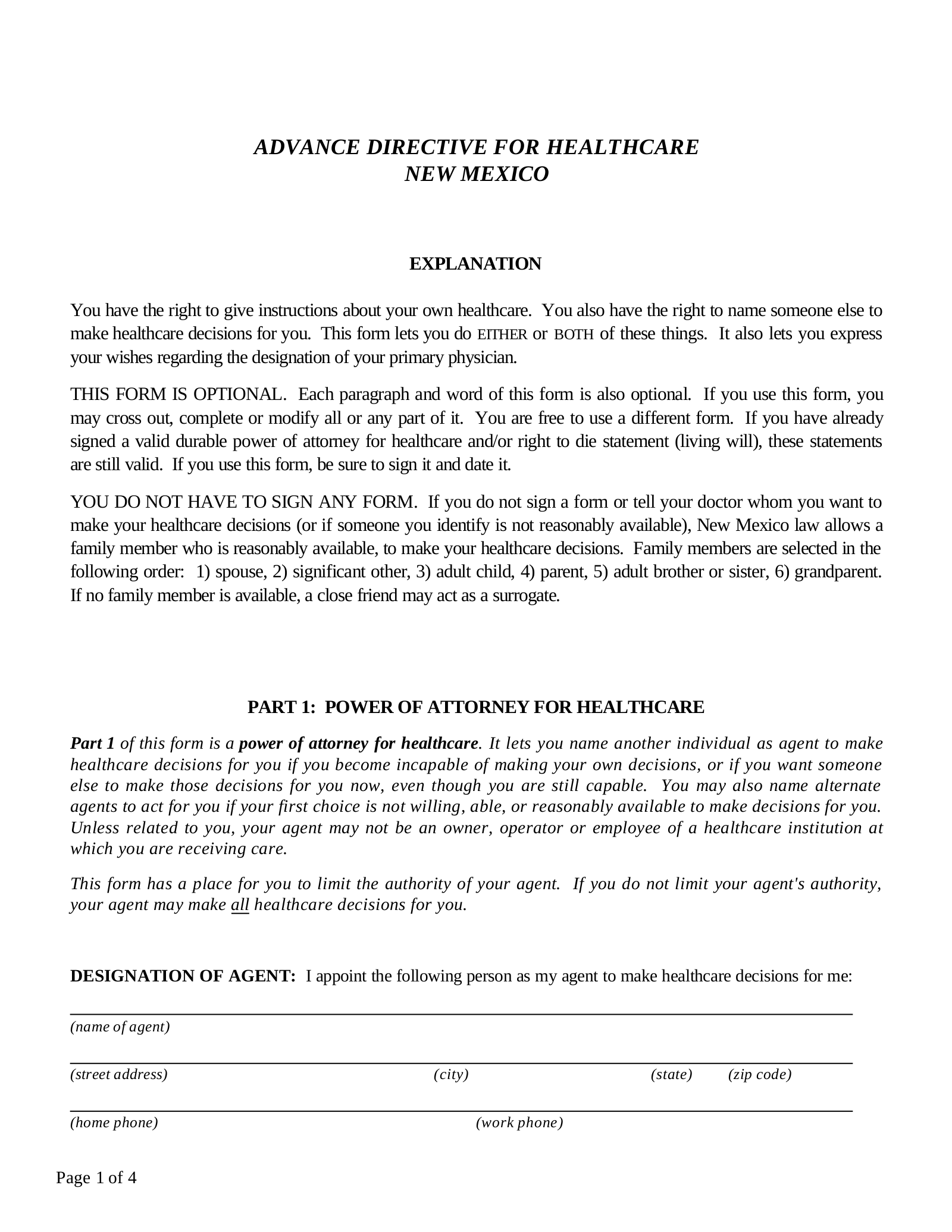 Free New Mexico Advance Directive Form Word PDF EForms