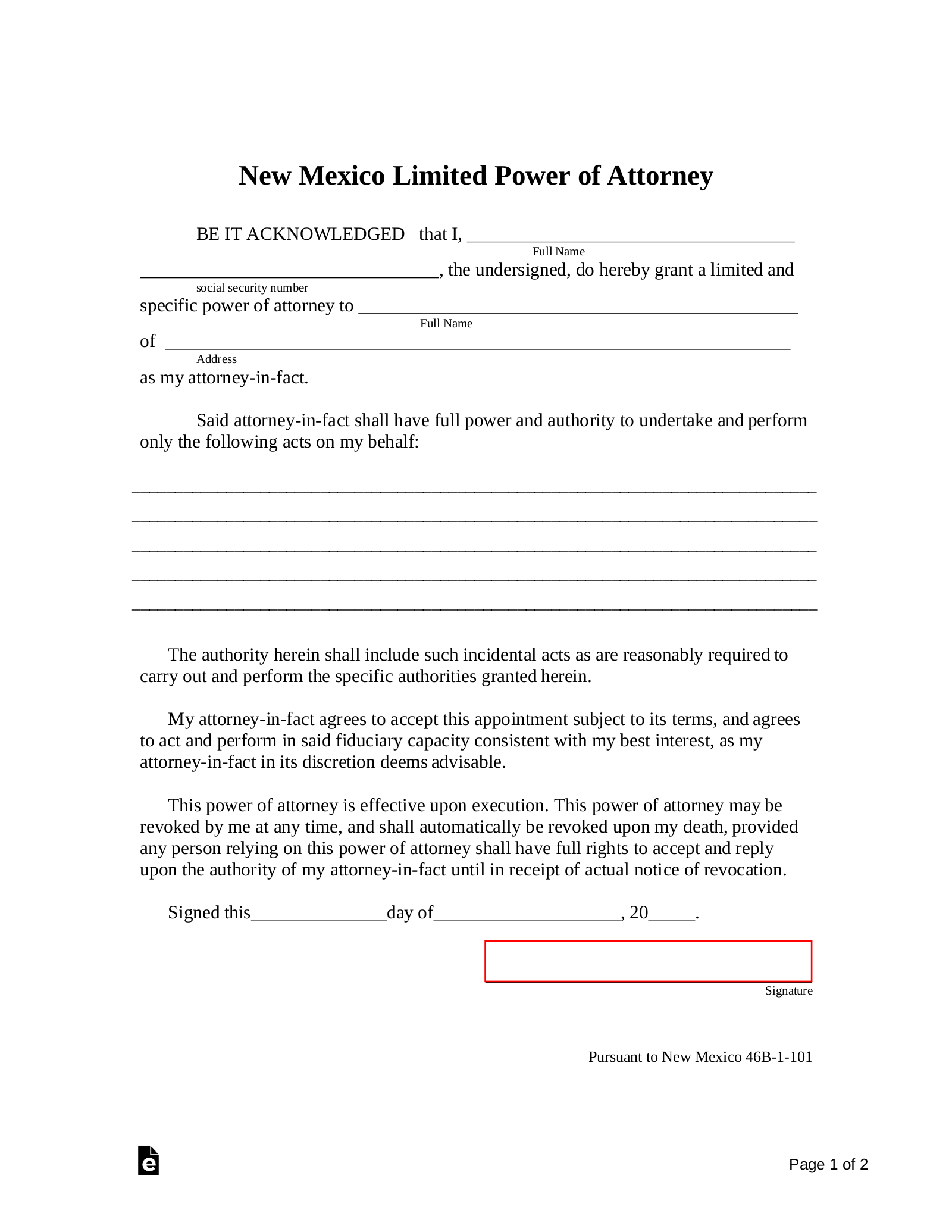 Free New Mexico Limited Power Of Attorney Form Pdf Word Eforms 0459