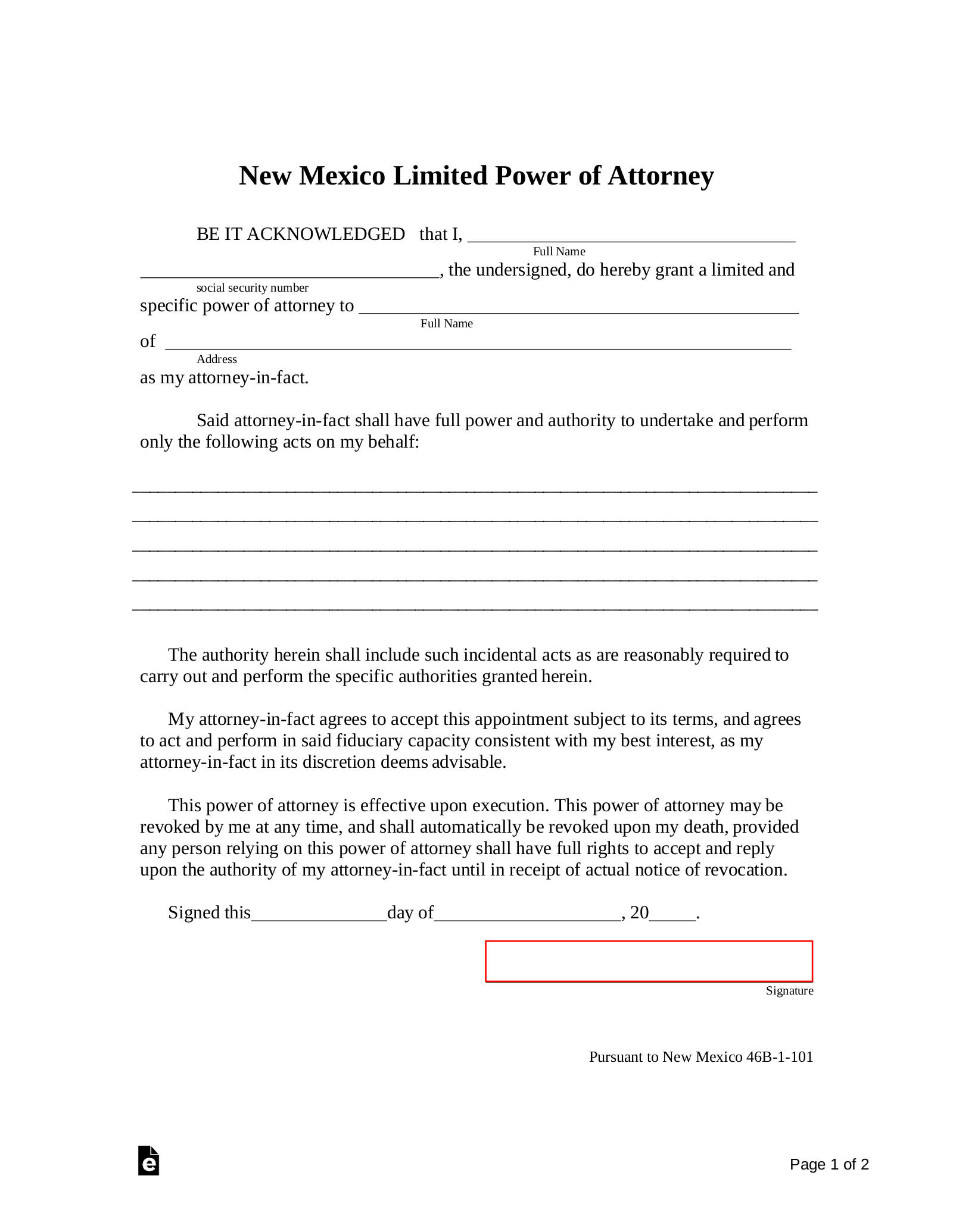 New Mexico Limited Power of Attorney Form