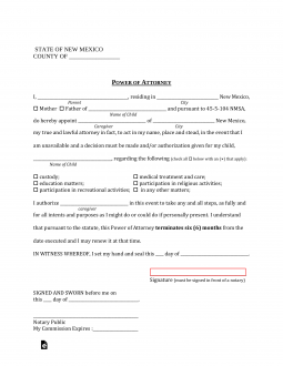Free New Mexico Power of Attorney for Minor Child Form - PDF – eForms