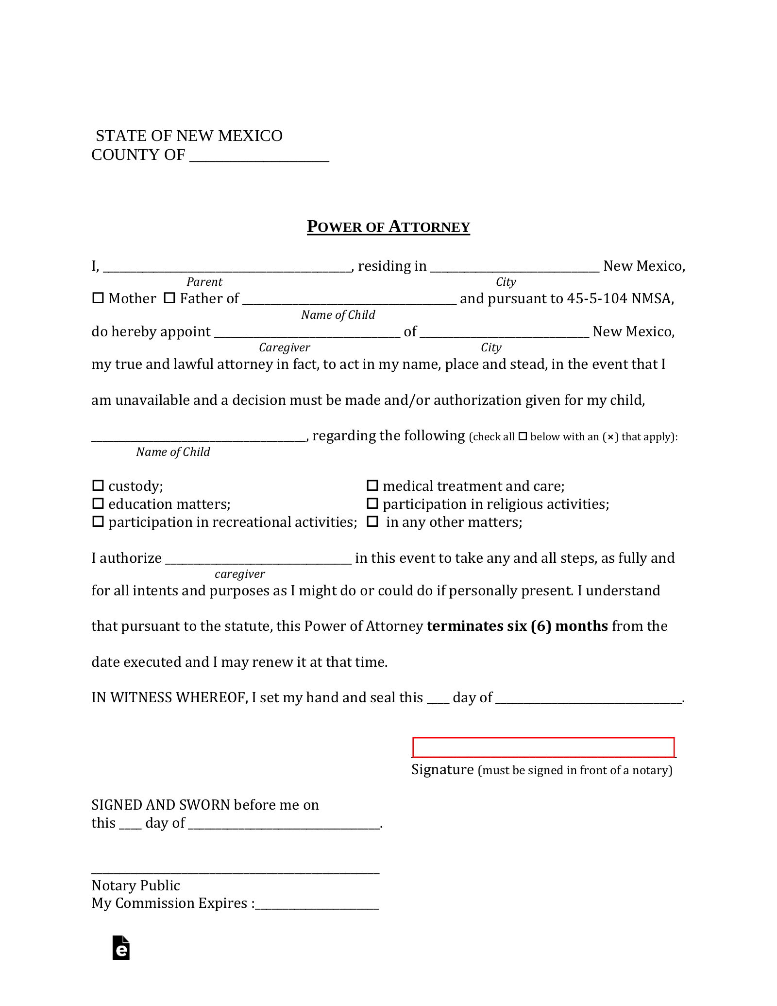 Free New Mexico Power of Attorney for Minor Child Form PDF eForms