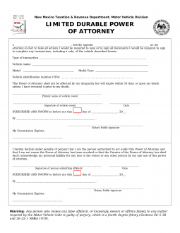 New Mexico Motor Vehicle Power of Attorney (Form MVD-11020)