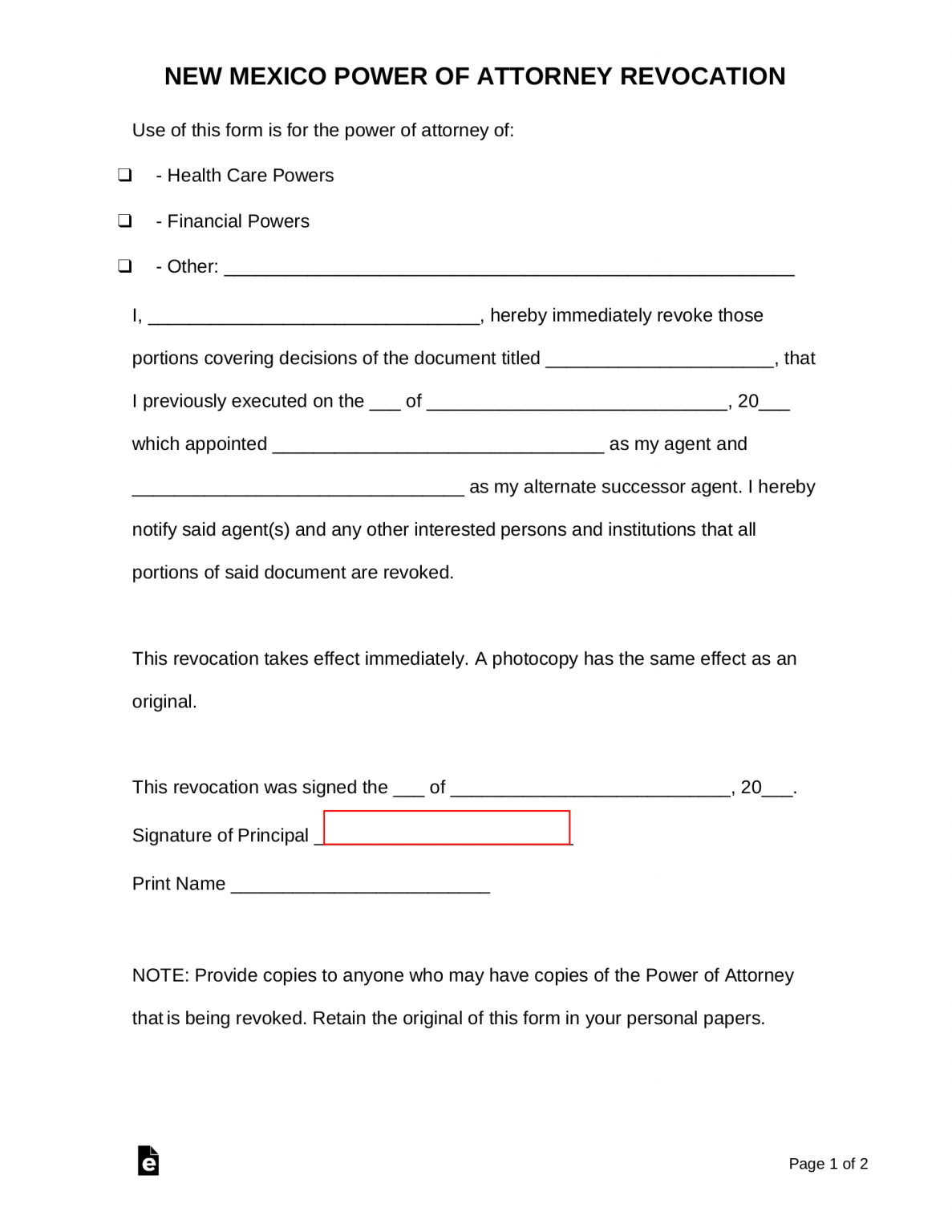 Free New Mexico Revocation Power Of Attorney Form Pdf Word Eforms 2673