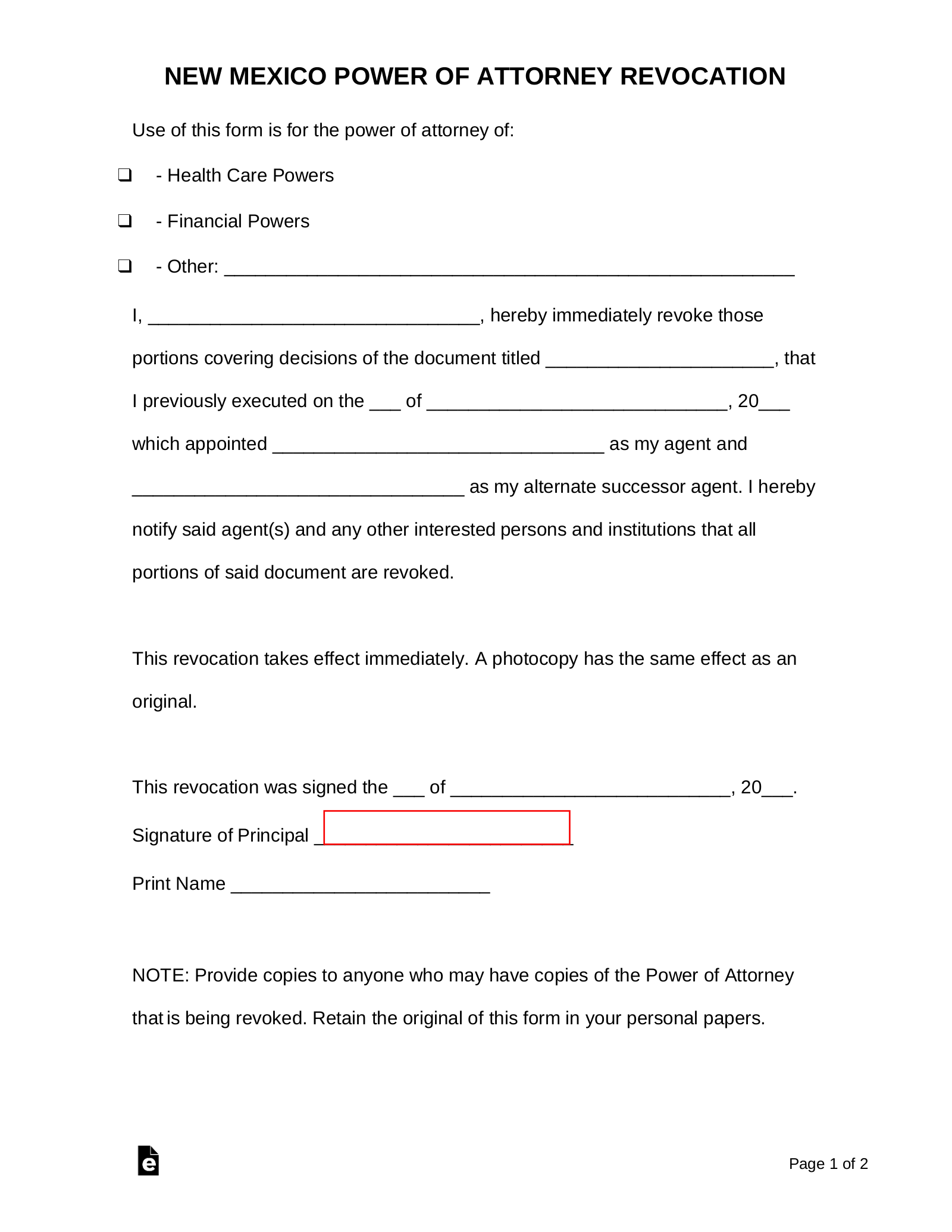 Free New Mexico Revocation Power Of Attorney Form Pdf Word Eforms 7667