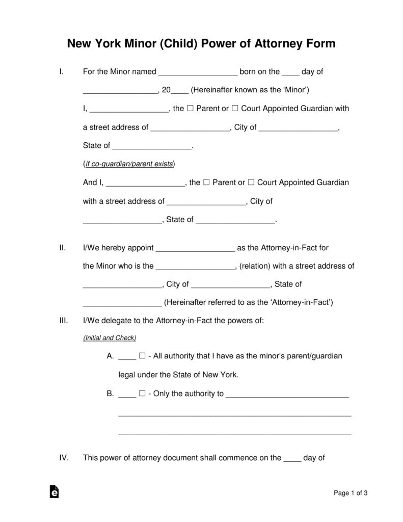 Free New York Minor Child Power of Attorney Form 