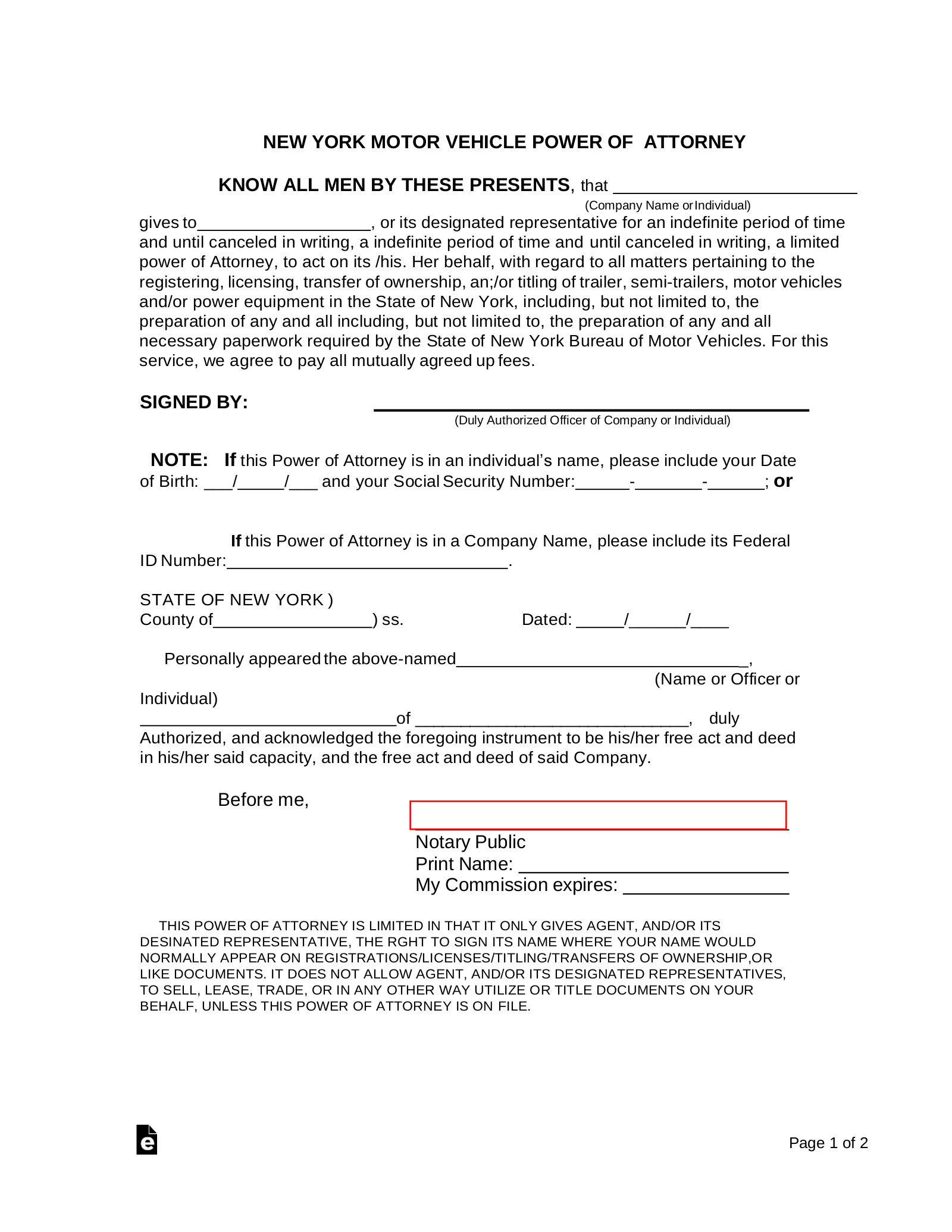 Free New York Motor Vehicle Power of Attorney Form PDF