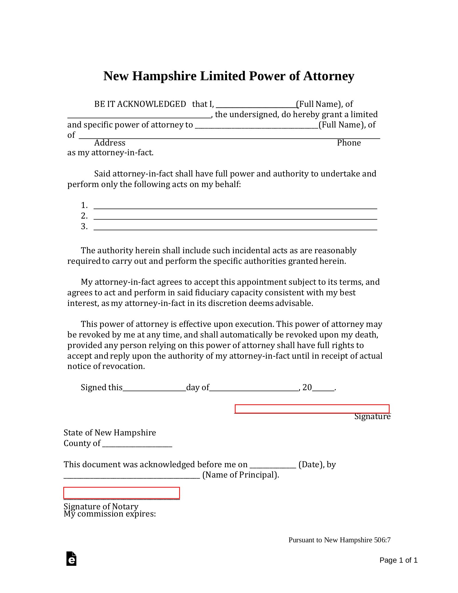 New Hampshire Limited Power of Attorney Form