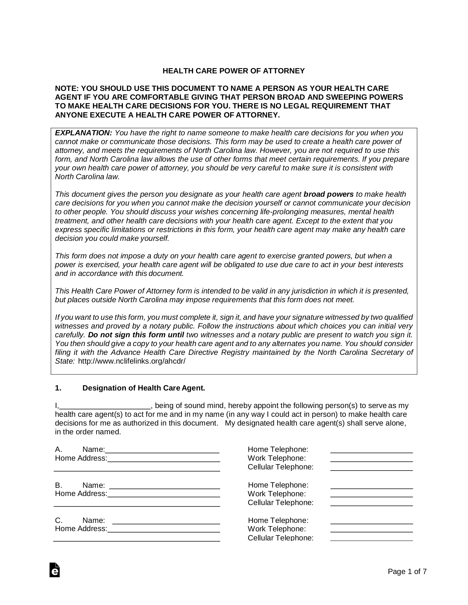 Free Printable Power Of Attorney Form North Carolina