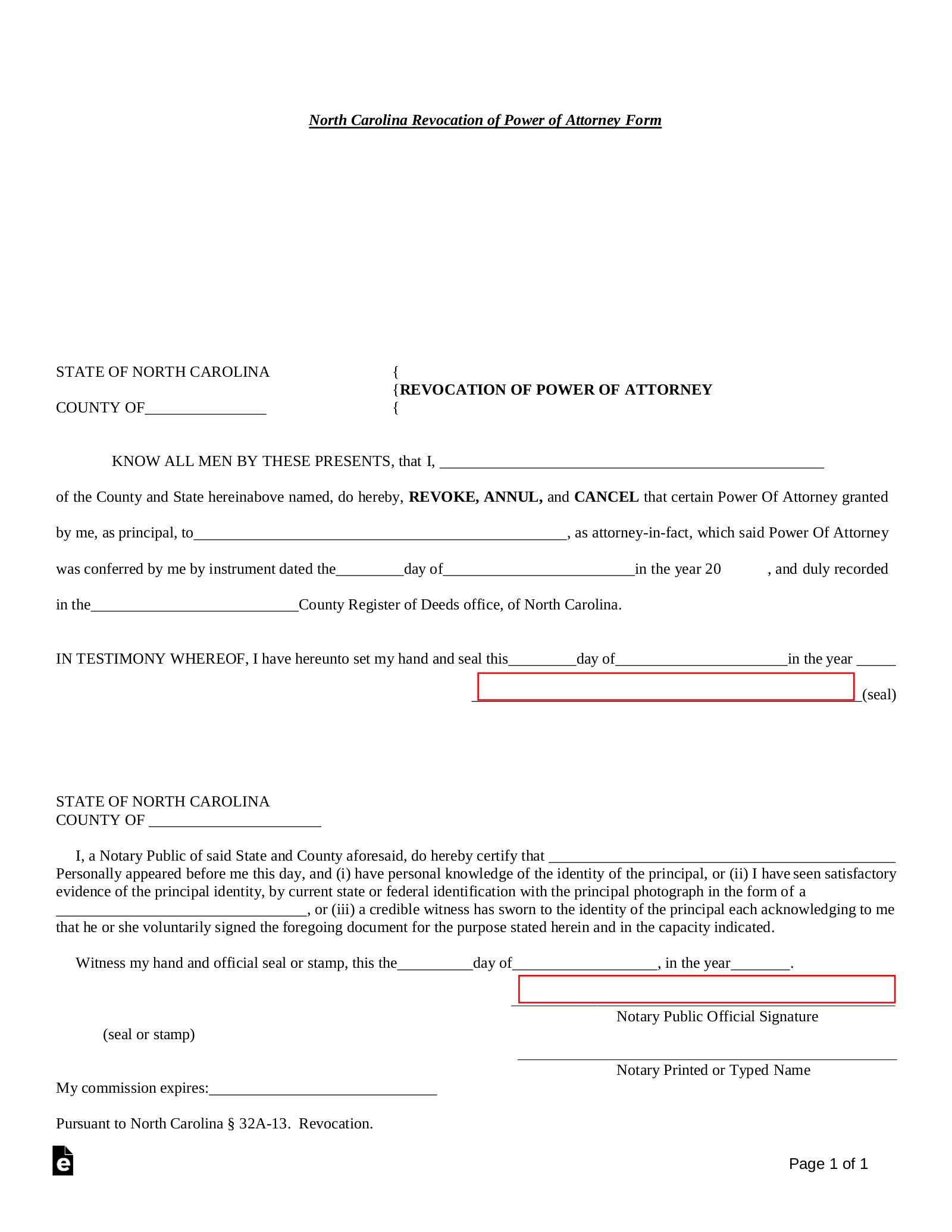 North Carolina Revocation of Power of Attorney Form