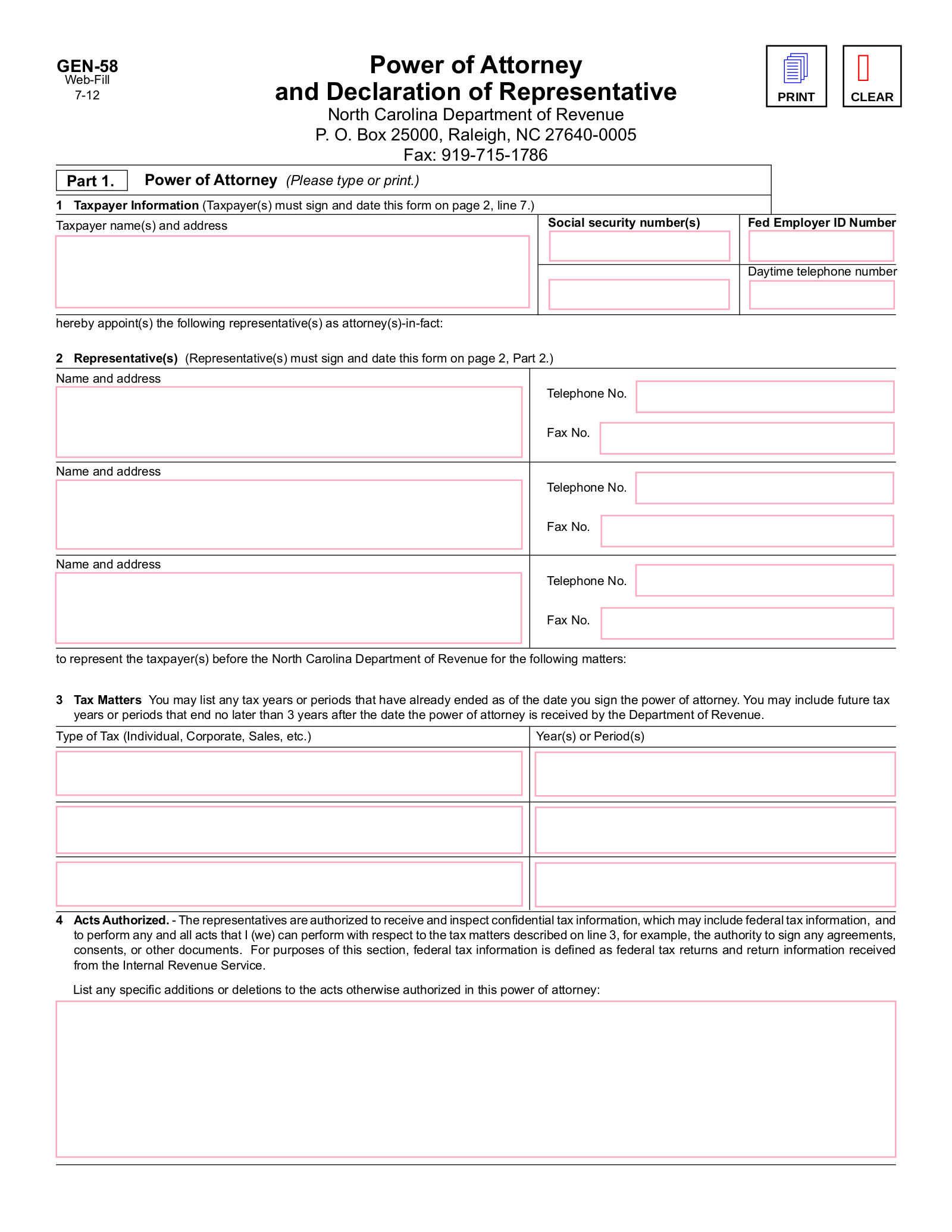 North Carolina Tax Power of Attorney (Form GEN-58)