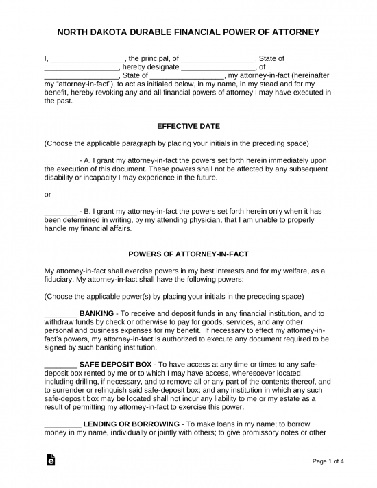 North Dakota Durable (Financial) Power of Attorney Form