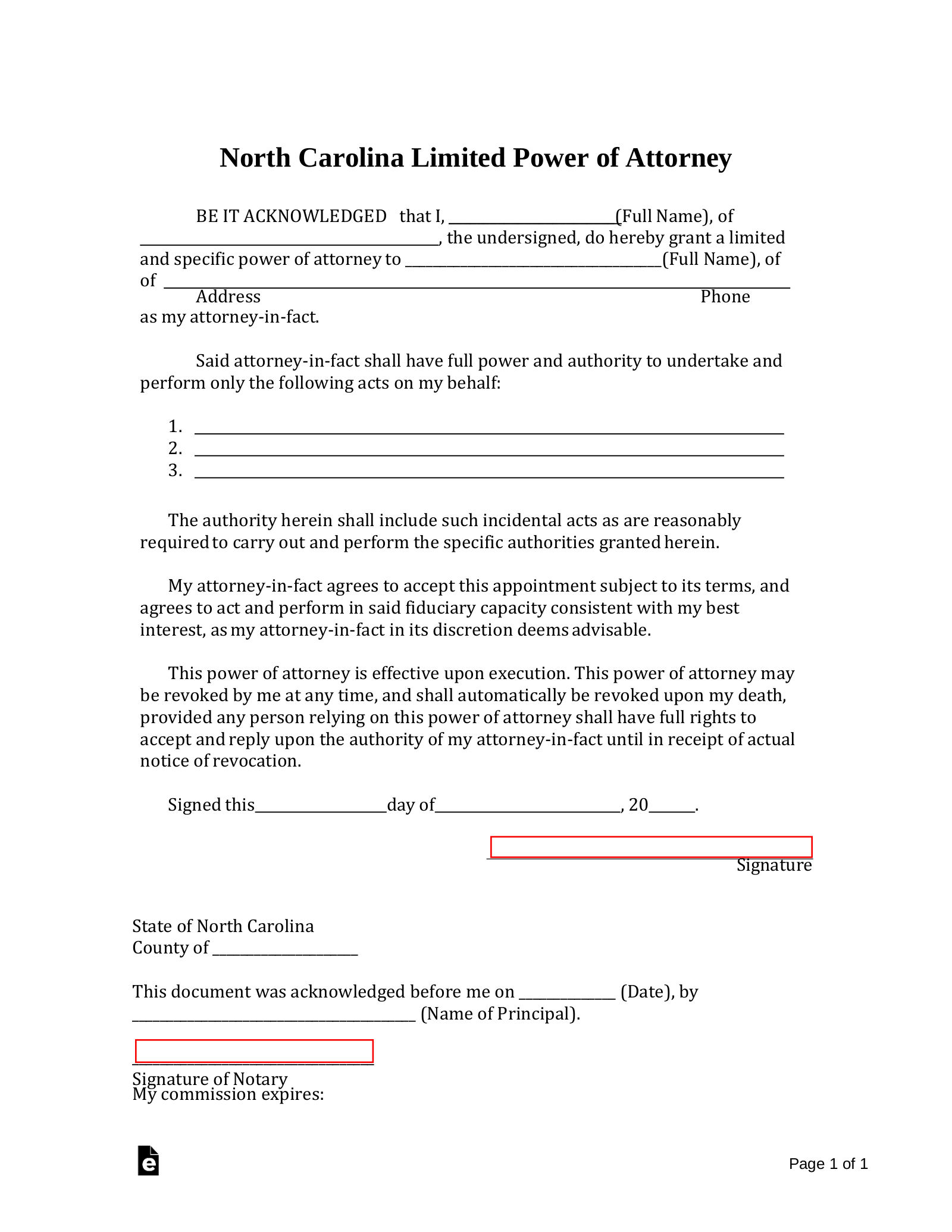 Free North Carolina Limited Power of Attorney Form PDF Word eForms