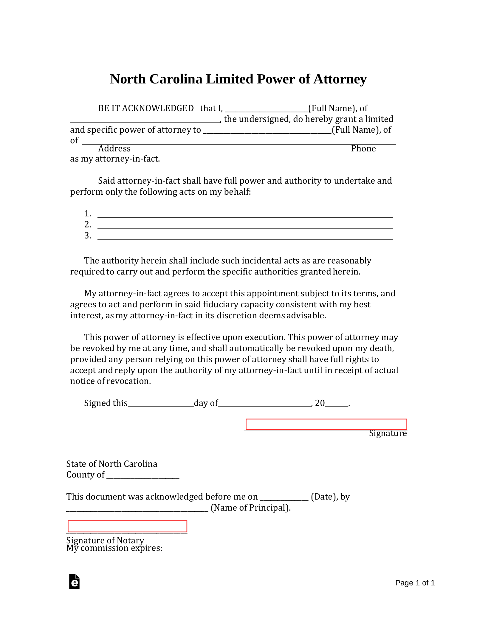 Free North Carolina Limited Power Of Attorney Form PDF Word EForms