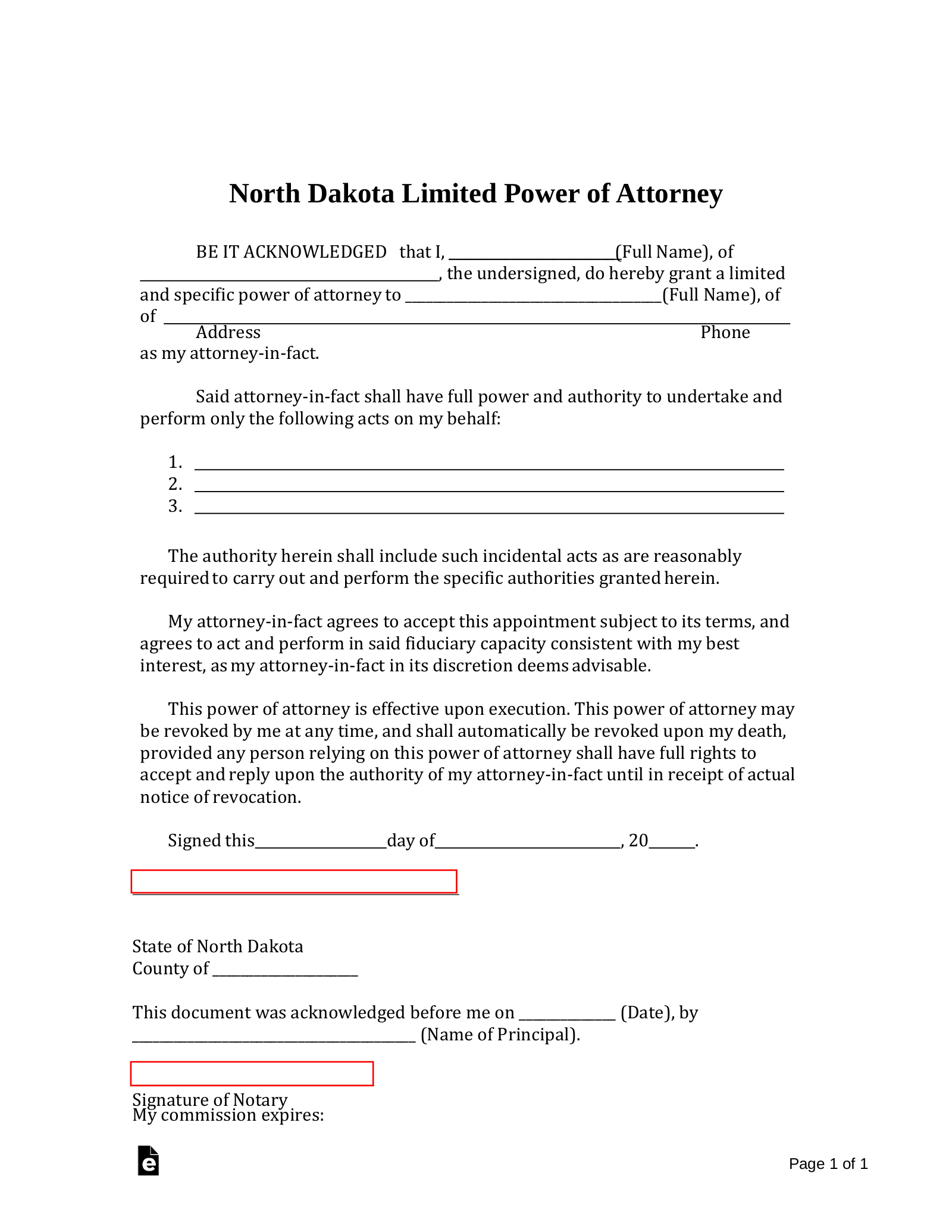 Free North Dakota Limited Power Of Attorney Form Pdf Word Eforms