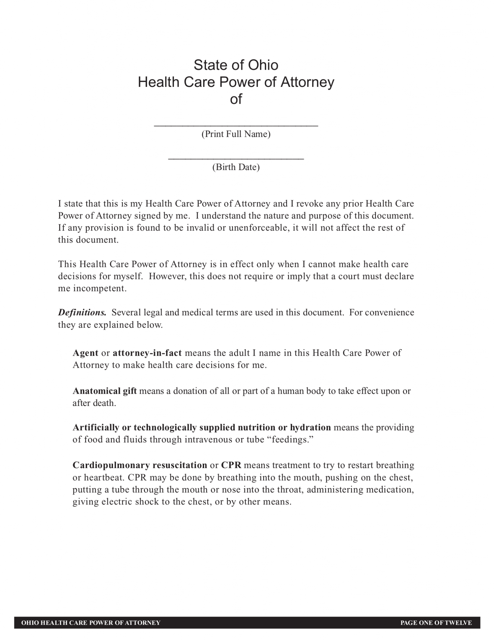 Free Ohio Medical Power Of Attorney Form Pdf Word Eforms 8589