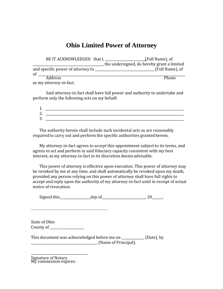 Free Ohio Power of Attorney Forms Word PDF eForms Heading