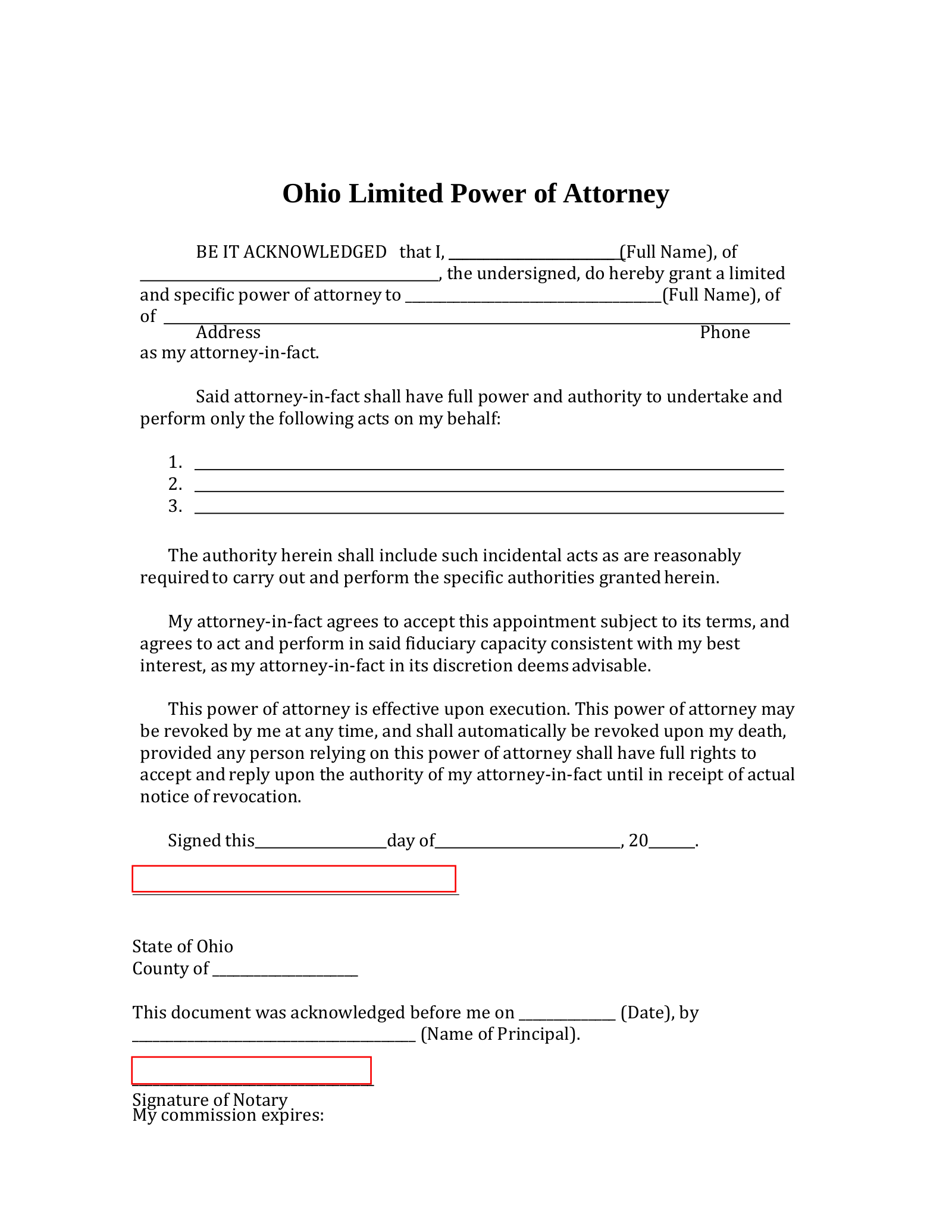 Ohio Limited Power of Attorney Form