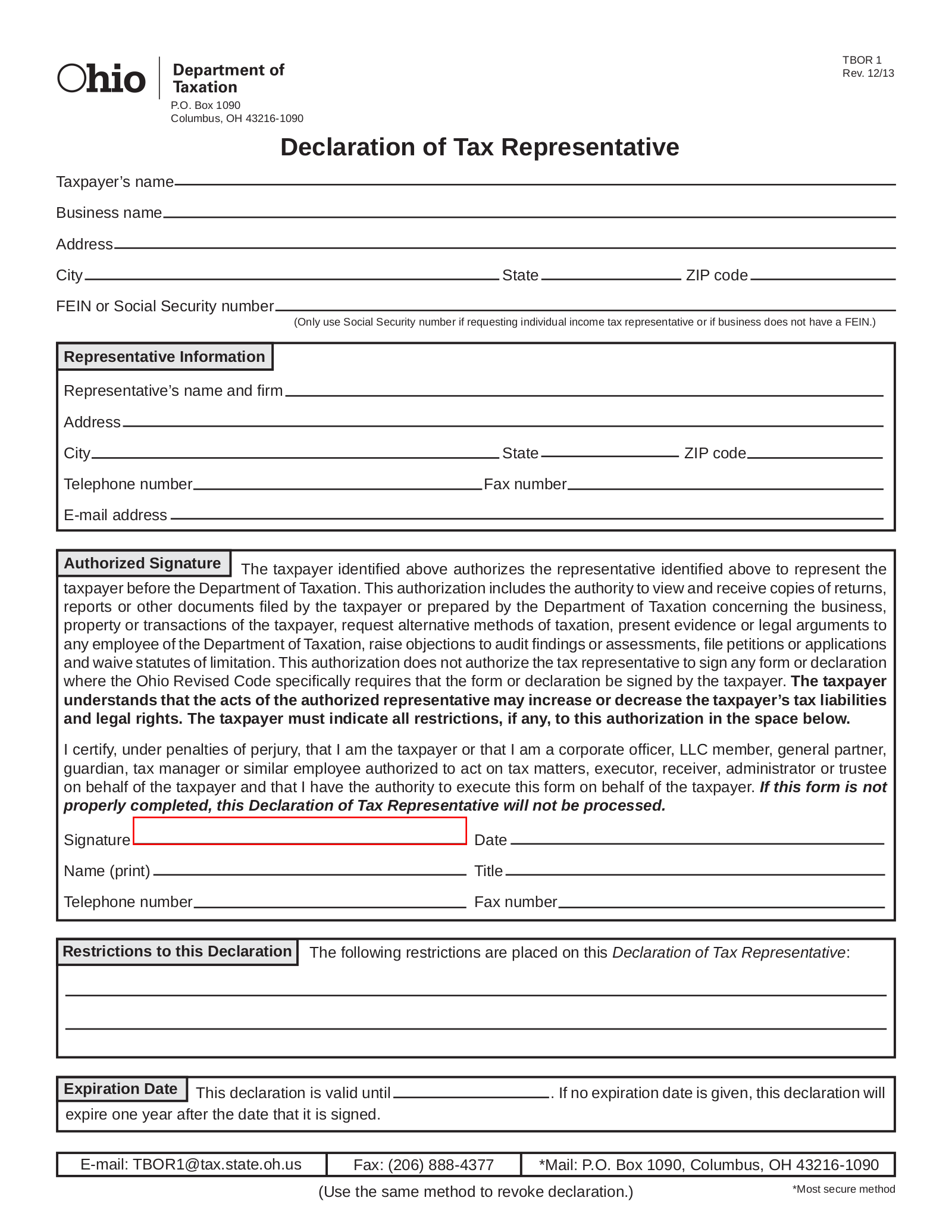 Free Ohio Tax Power of Attorney (Form TBOR 1) PDF eForms