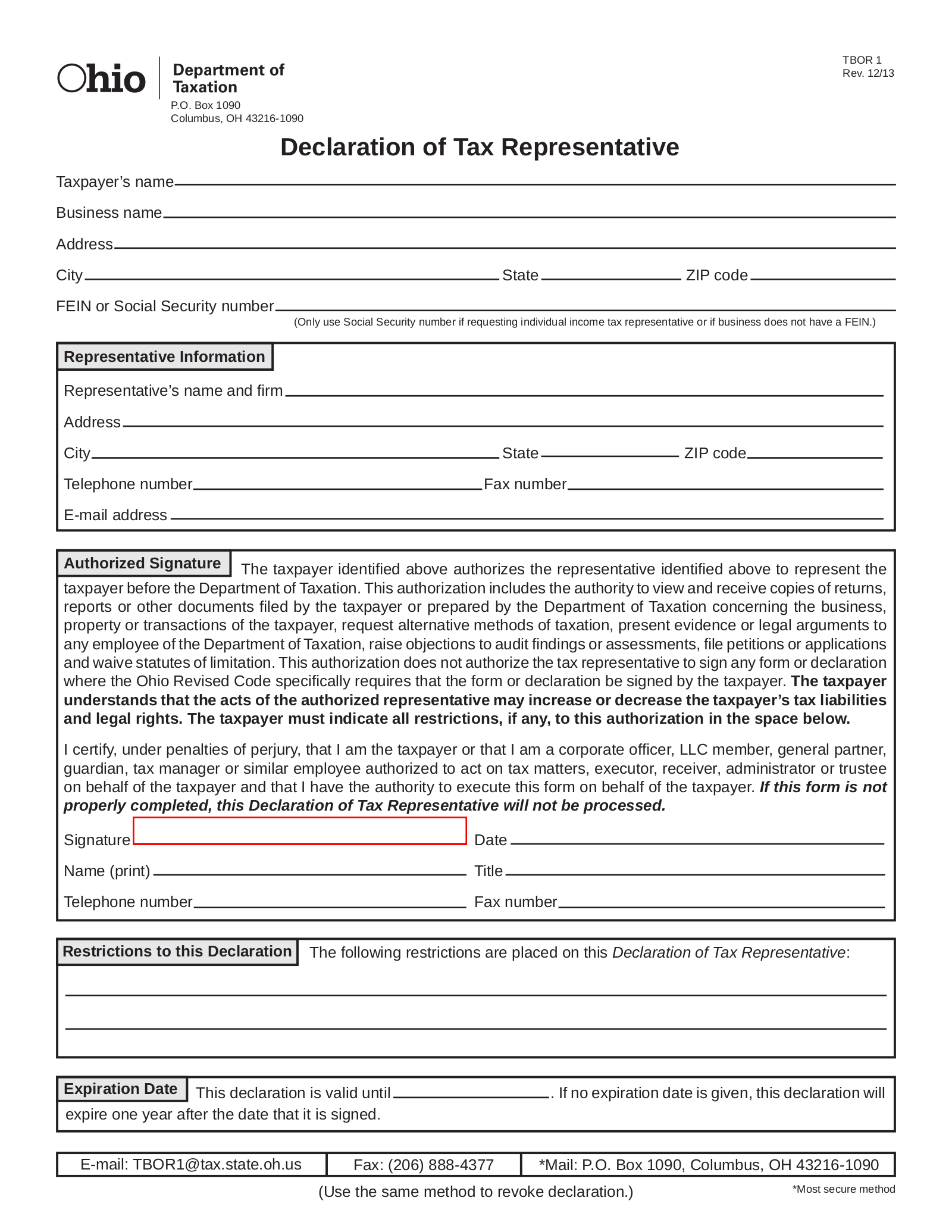 Ohio Tax Power of Attorney (Form TBOR 1)