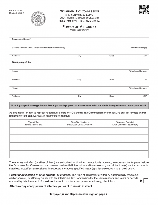 Oklahoma Tax Power of Attorney (Form BT-129)