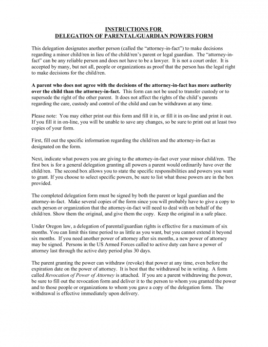 Oregon Guardian of Minor Power of Attorney Form