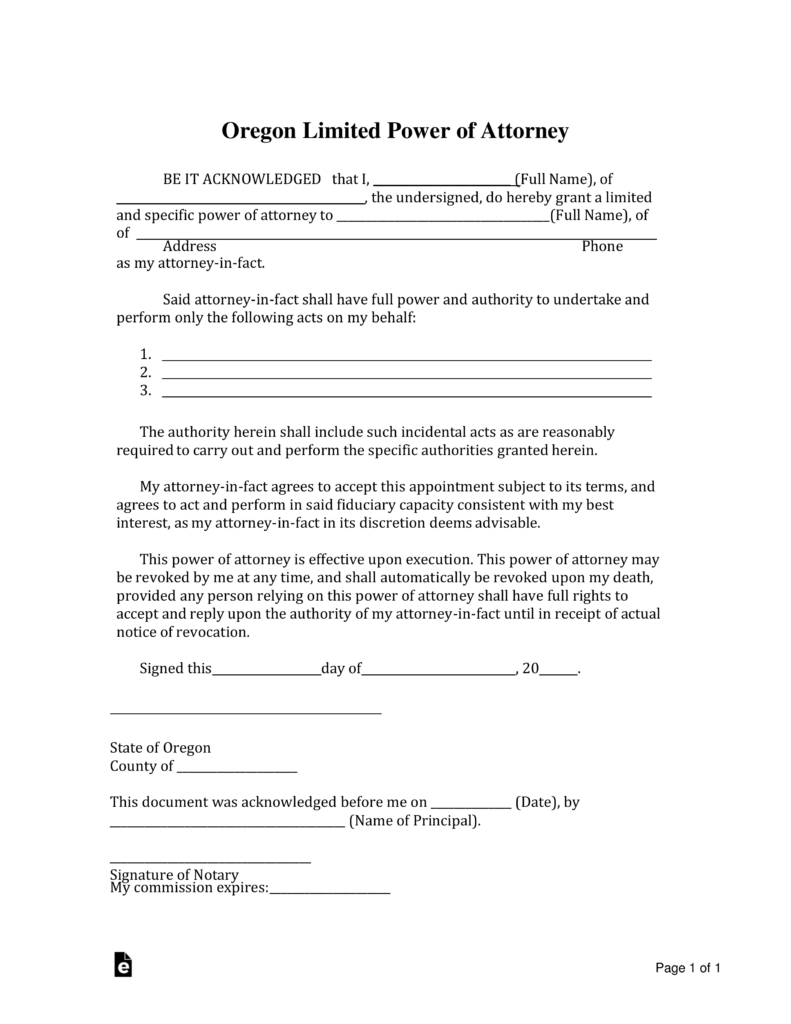 Free Power Of Attorney Form Oregon