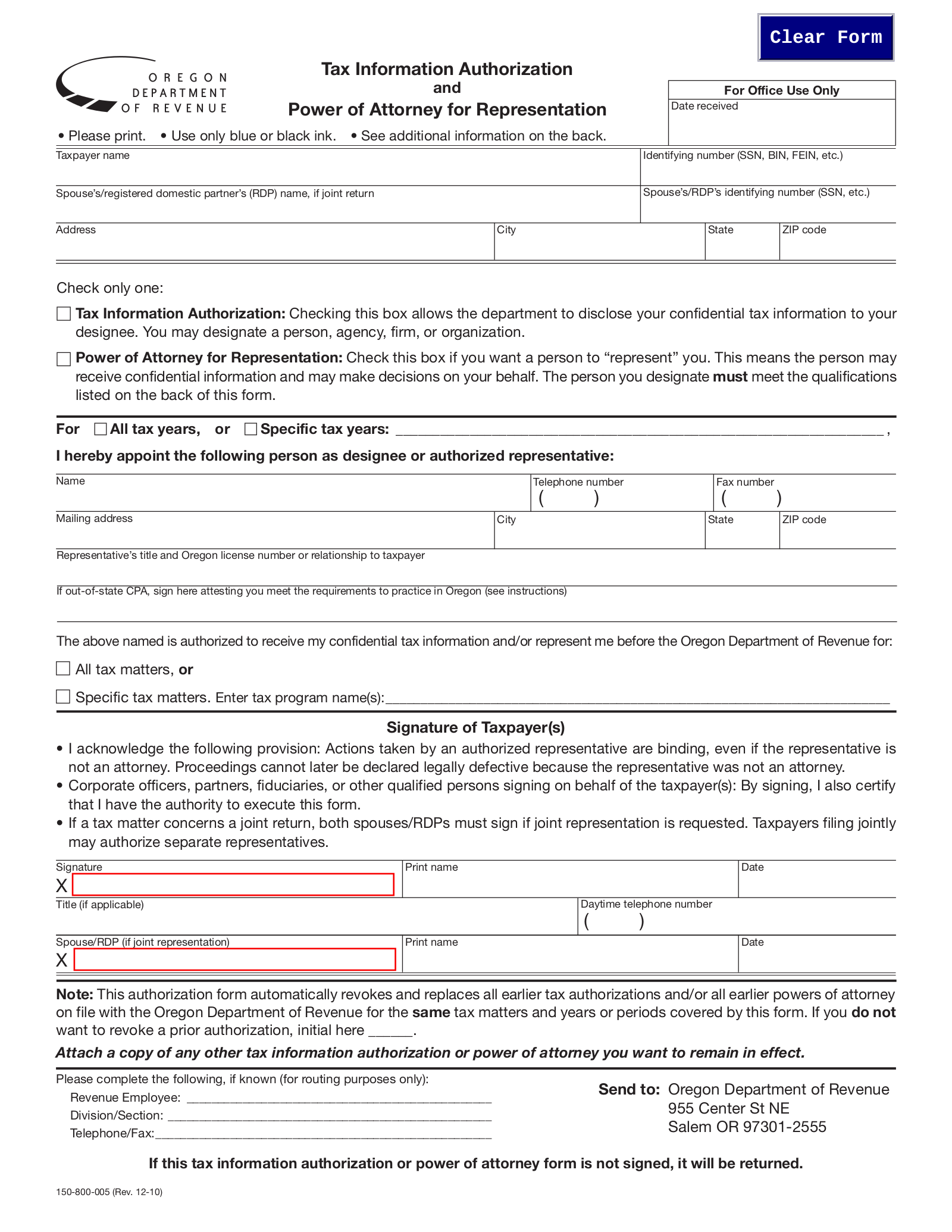 Free Oregon Tax Power Of Attorney Form 150 800 005 PDF EForms
