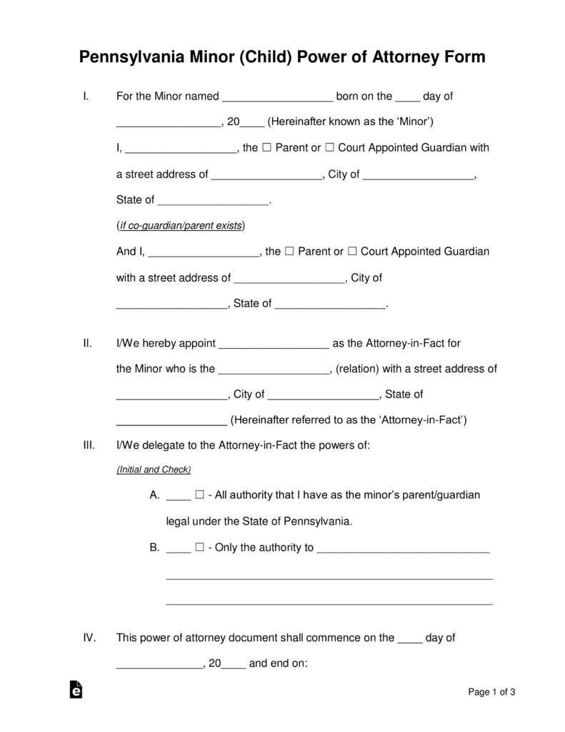 Free Pennsylvania Guardian of Minor Power of Attorney Form Word PDF