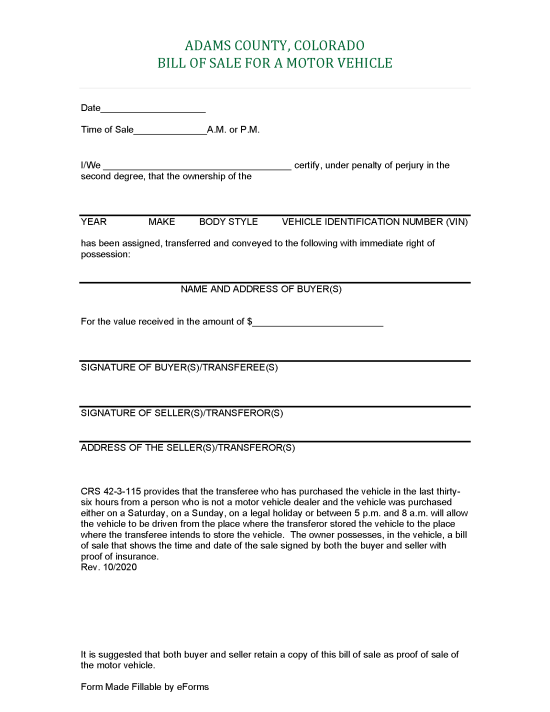 Free Colorado Motor Vehicle Bill of Sale Forms - PDF – eForms