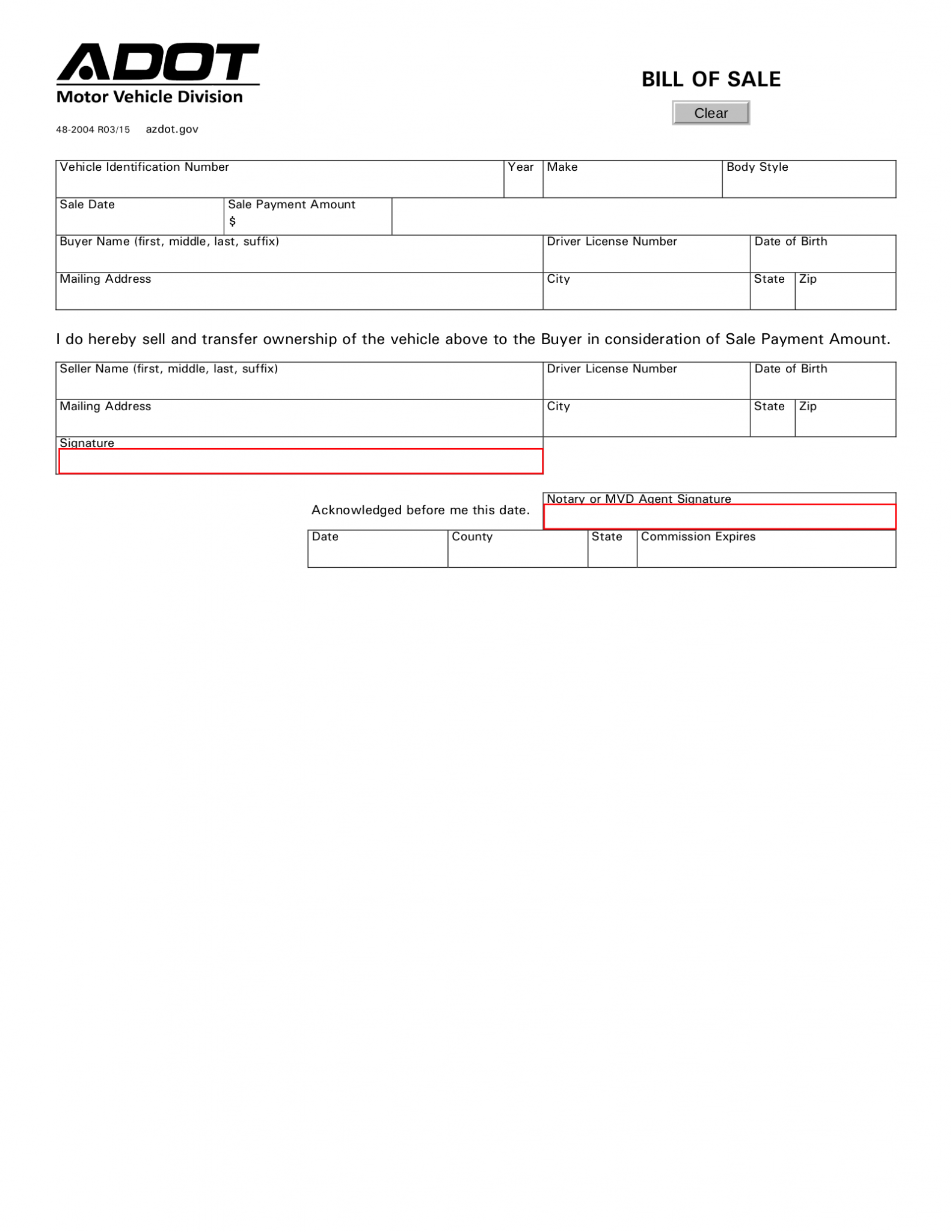 Free Arizona Motor Vehicle Bill of Sale | ADOT Form 48-2004 - PDF – eForms