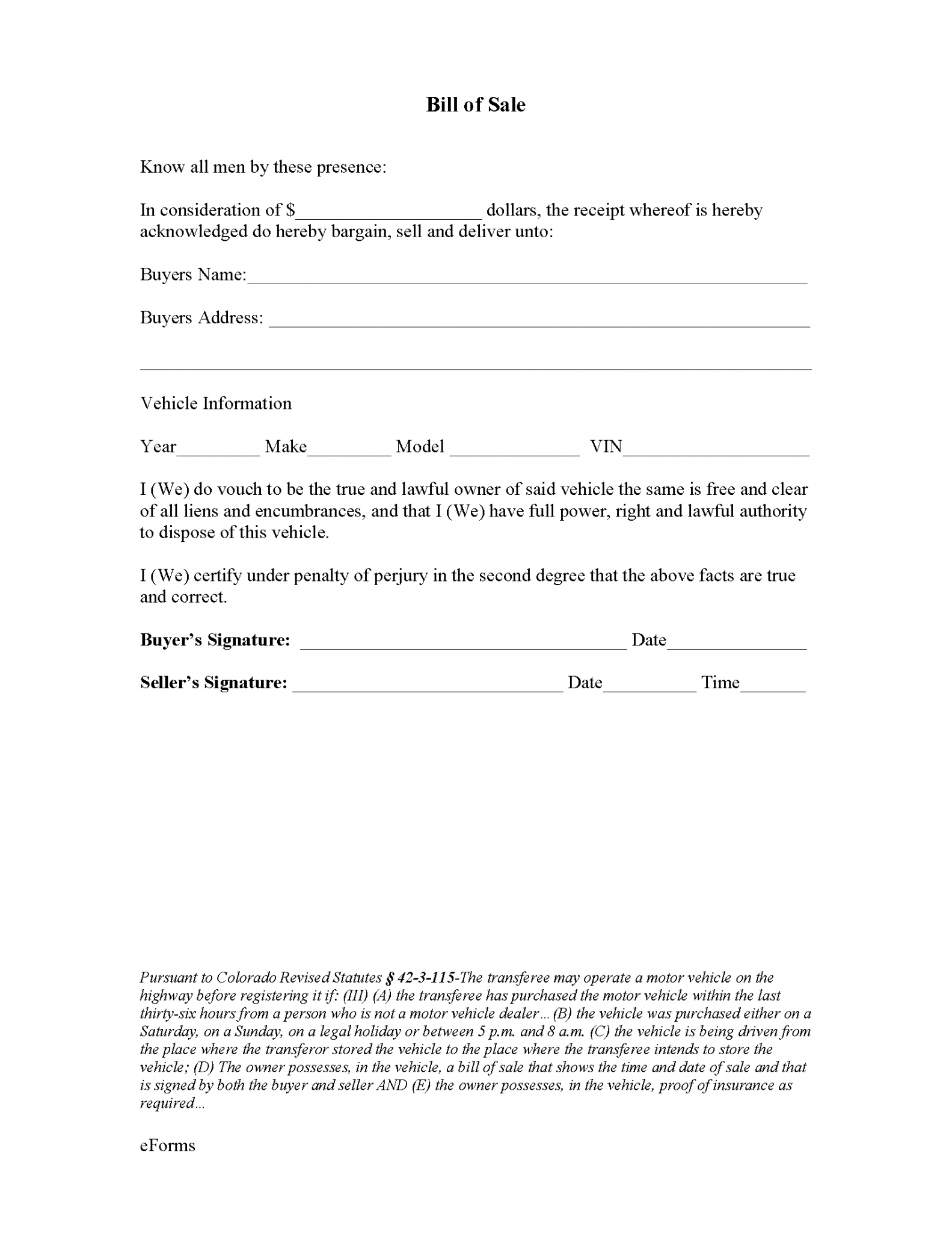 Free Colorado Motor Vehicle Bill of Sale Forms - PDF – eForms