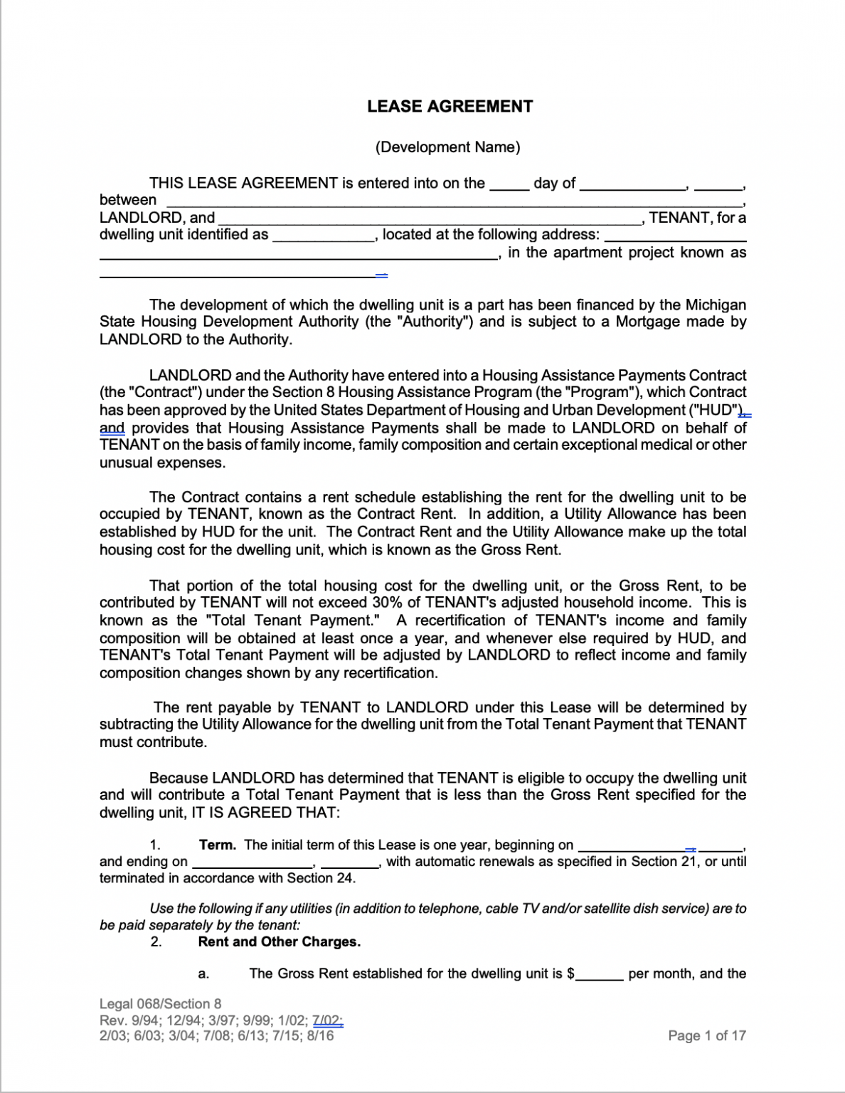 Free Michigan Residential Lease Agreement Template PDF Word EForms