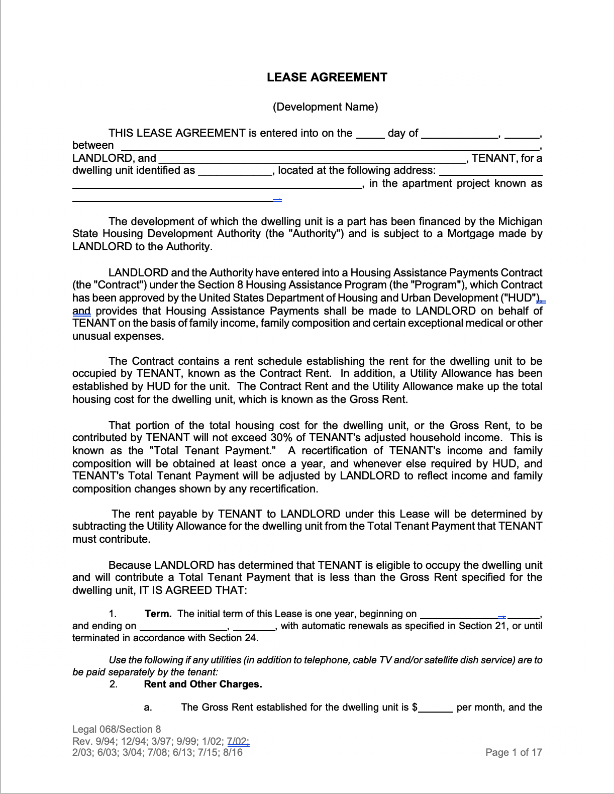 Free Michigan Residential Lease Agreement Template PDF Word EForms