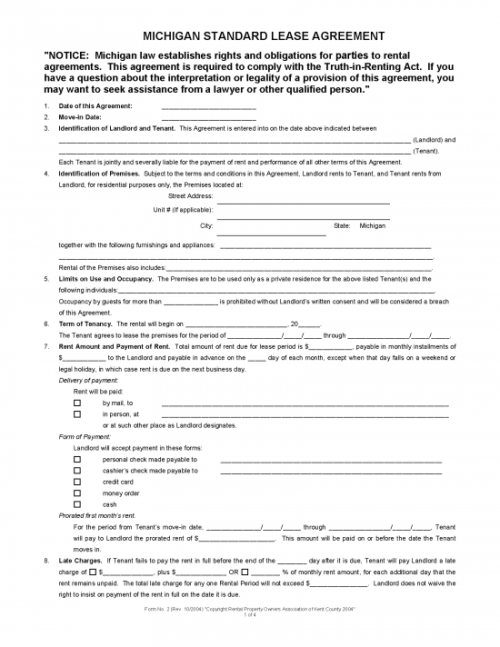 Free Michigan Residential Lease Agreement Template - PDF | Word – eForms