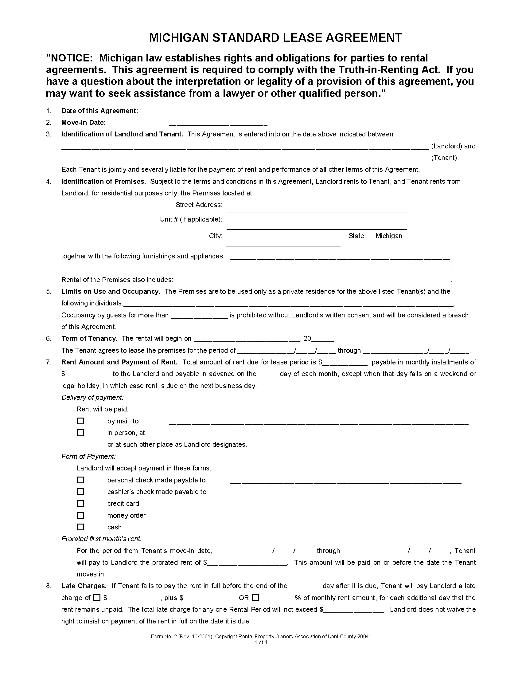 free michigan residential lease agreement template word