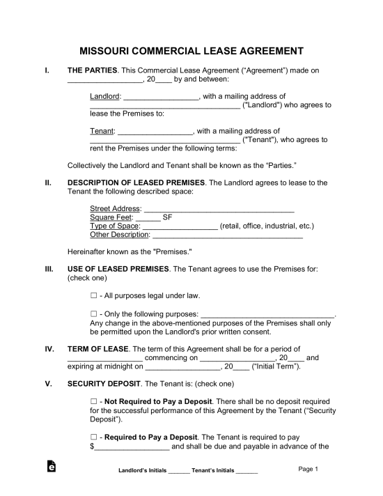Free Missouri Commercial Lease Agreement Template PDF Word eForms