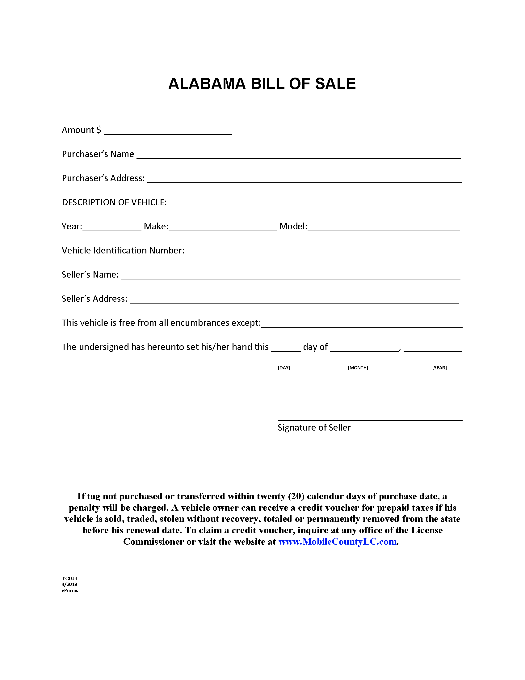 Free Alabama Motor Vehicle Bill Of Sale Form Word PDF EForms