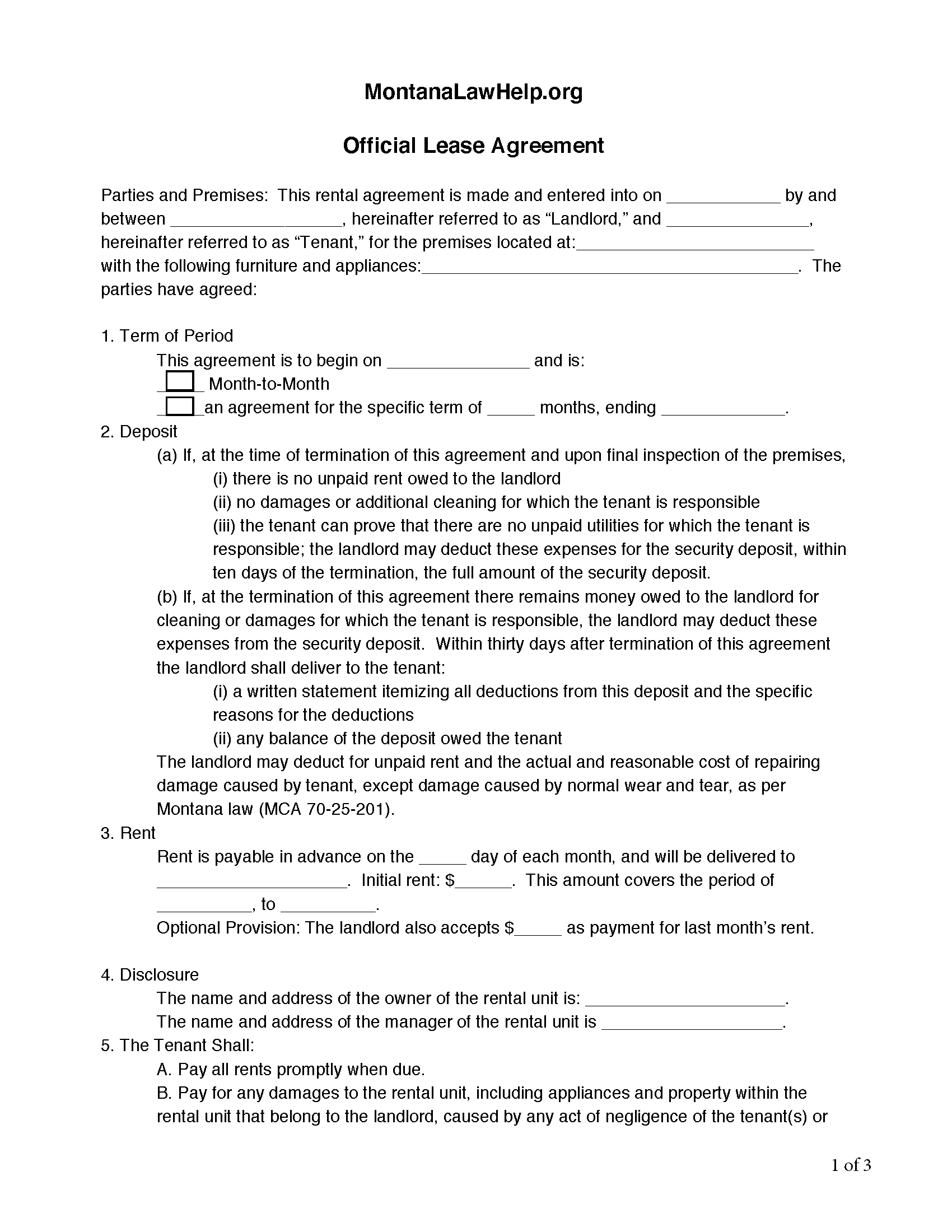 Free Montana Standard Residential Lease Agreement Template PDF Word eForms
