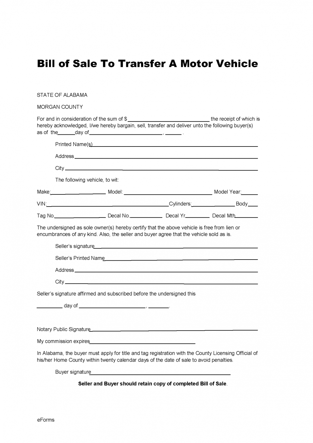 Free Alabama Motor Vehicle Bill of Sale Form - PDF | Word – eForms