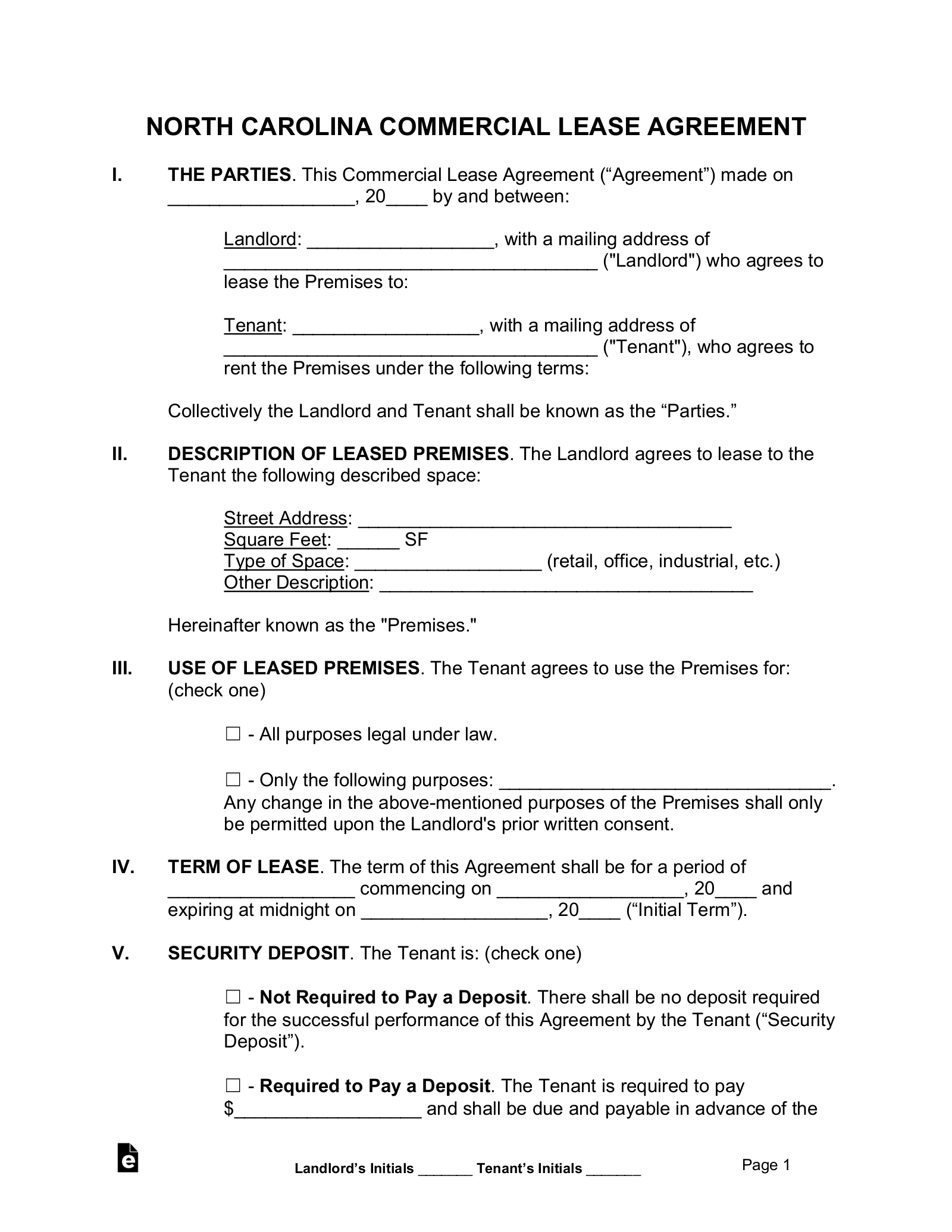 North Carolina Commercial Lease Agreement Template