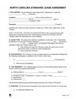 North Carolina Standard Residential Lease Agreement Template