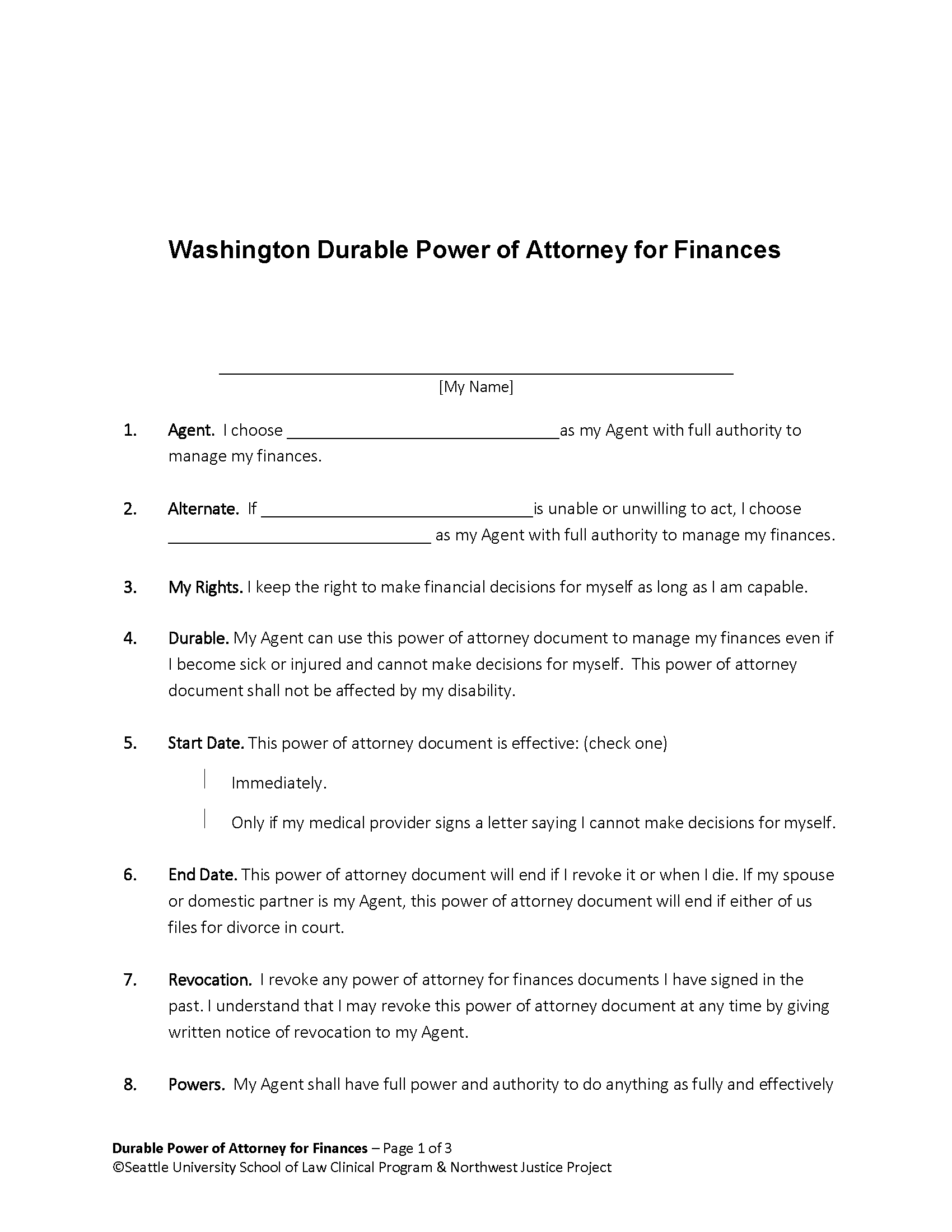 Formulario Gratuito De Poder Notarial Duradero Financiero De Washington Word Pdf Eforms 7176