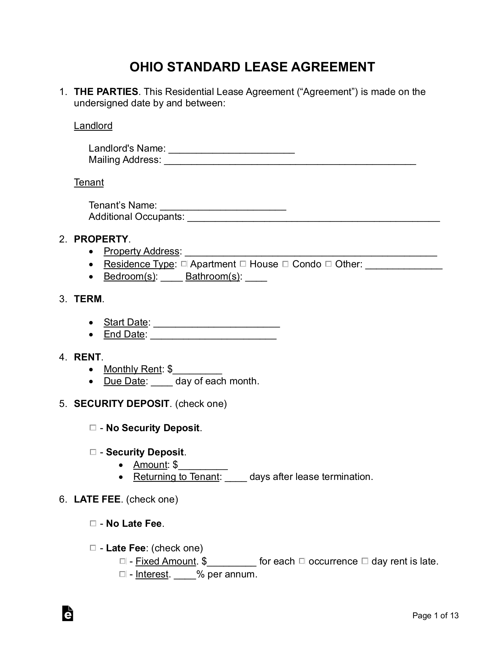 Free Ohio Standard Residential Lease Agreement Template PDF Word 