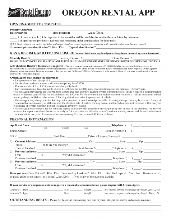 Rental Application Form Oregon