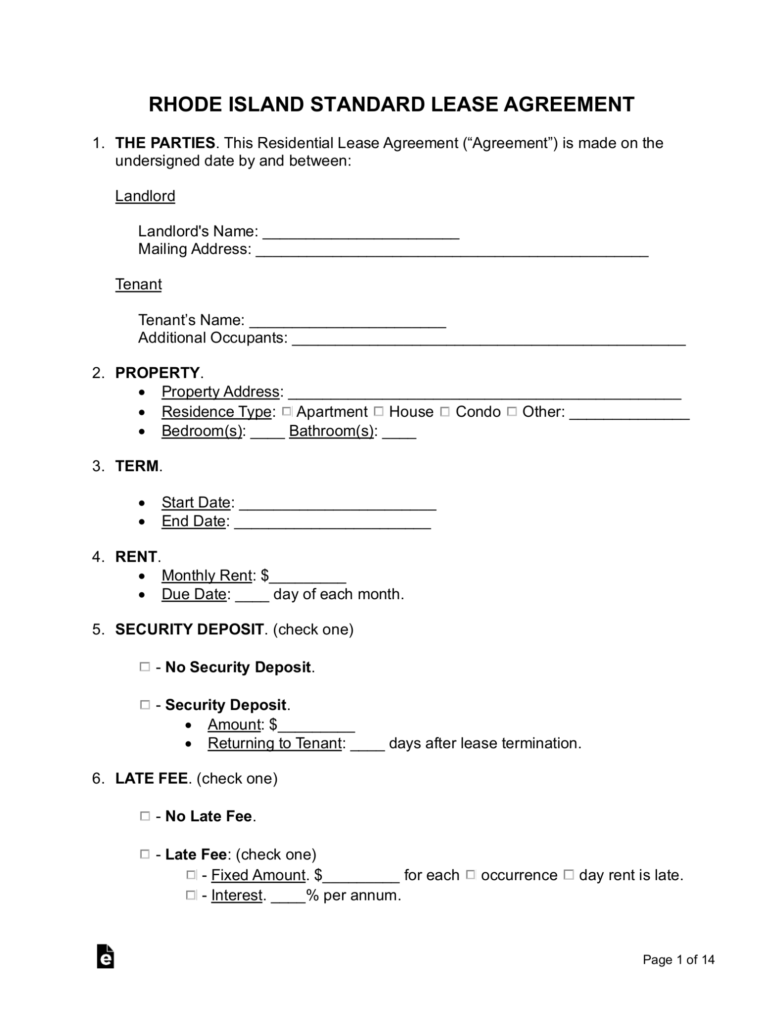 Free Rhode Island Standard Residential Lease Agreement PDF Word