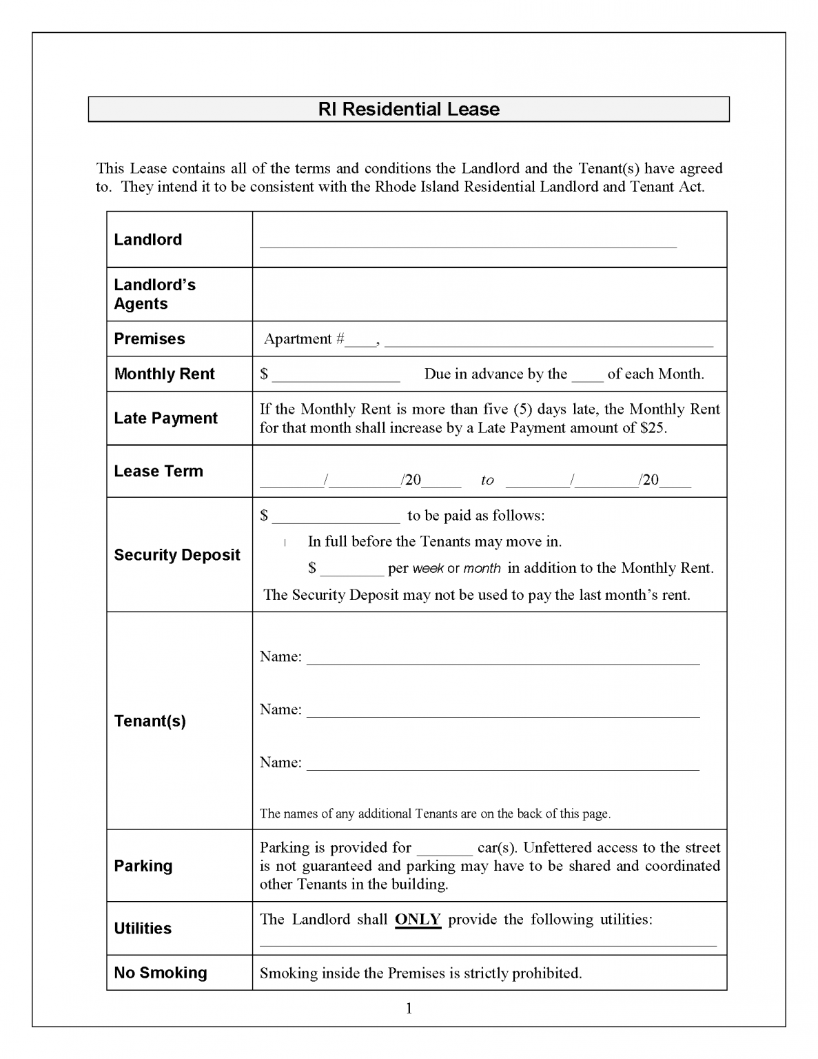 Free Rhode Island Standard Residential Lease Agreement PDF Word