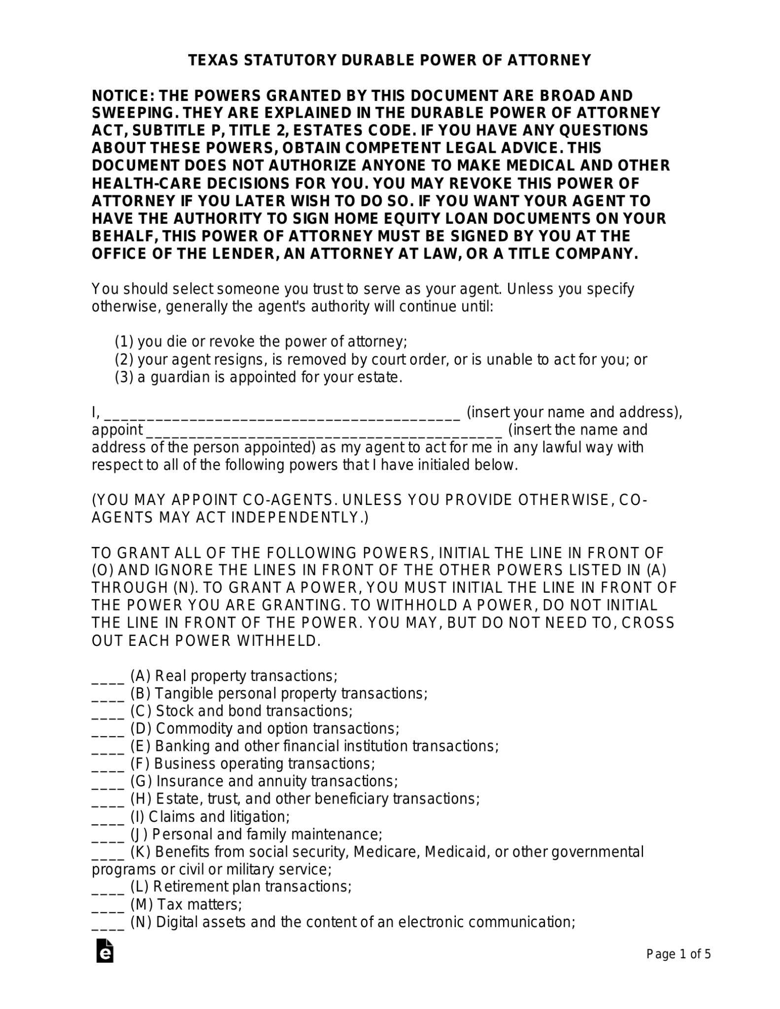 Free Texas Power Of Attorney Forms 9 Types PDF Word EForms